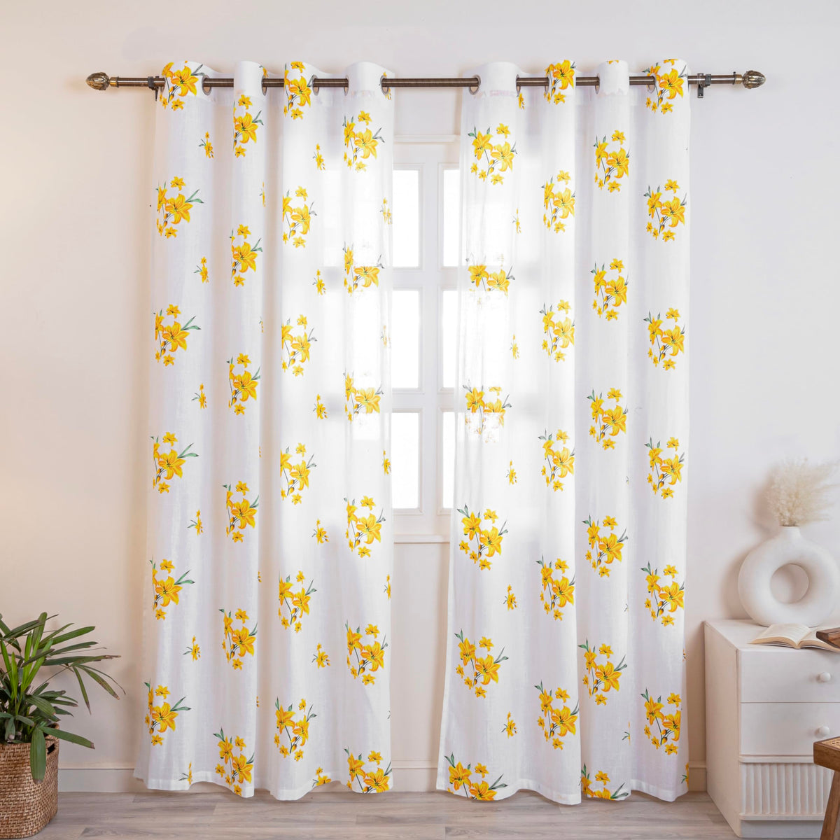 Homemonde Cotton Sheer Long Door Curtains 9 Feet Set Of 4  Linen Textured Light Filtering Curtain, Yellow Flower Printed Panels