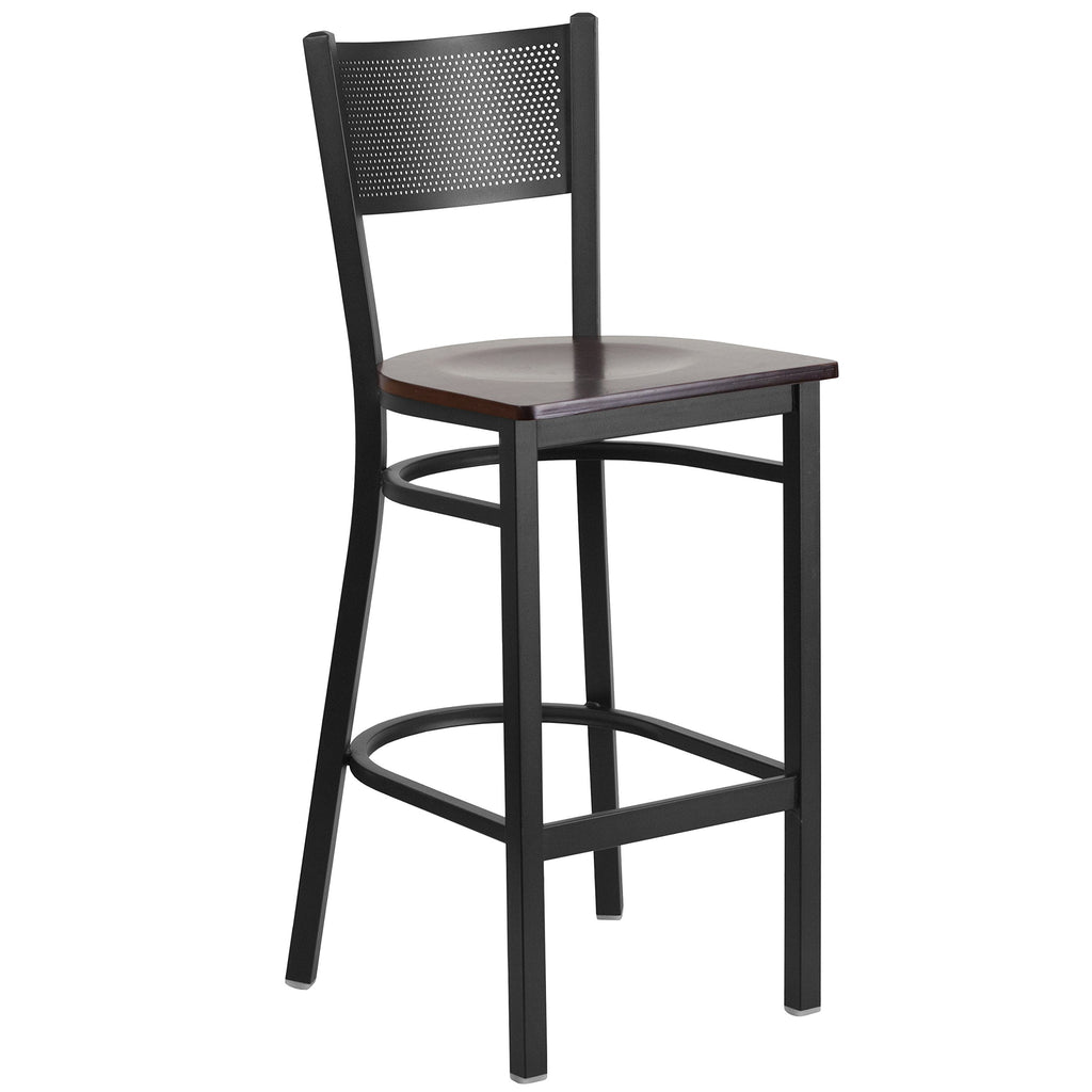 Flash Furniture HERCULES Series Black Grid Back Metal Restaurant Barstool - Walnut Wood Seat