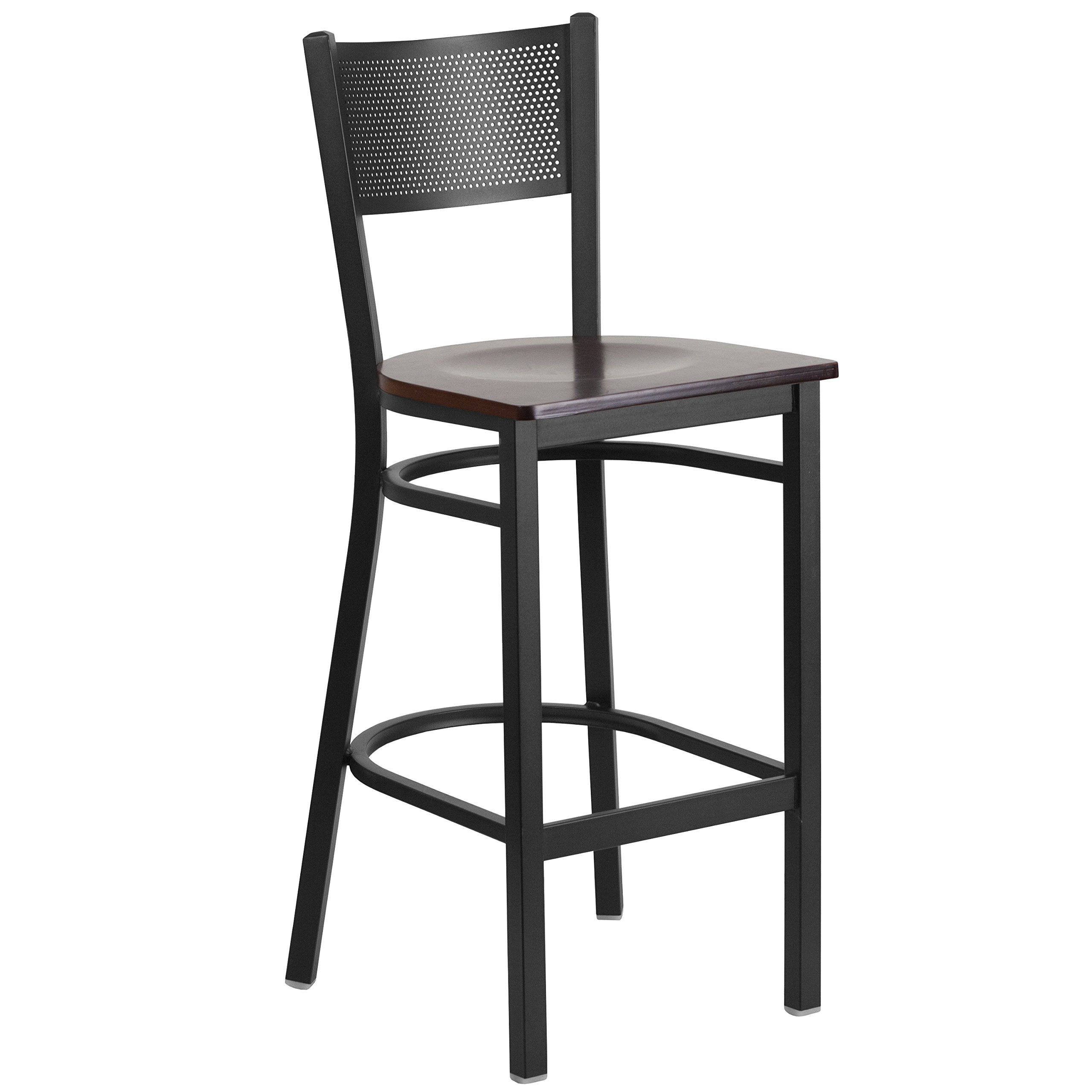 Flash Furniture HERCULES Series Black Grid Back Metal Restaurant Barstool - Walnut Wood Seat