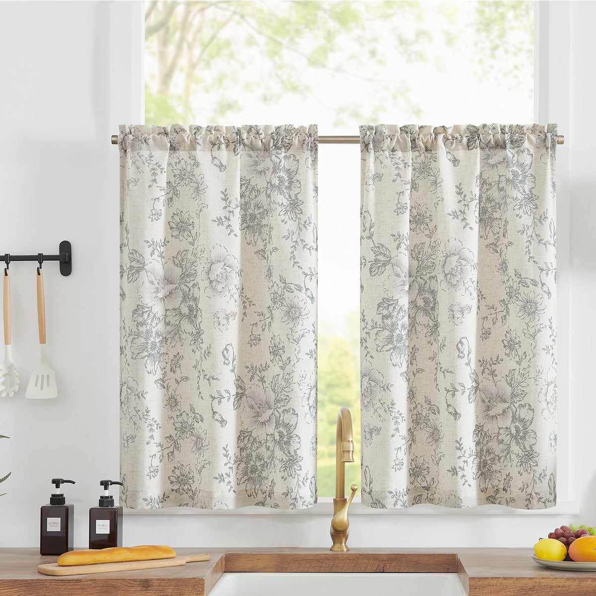Jinchan Floral Kitchen Curtains Linen Tier Curtains Grey Flower On Beige Cafe Curtains 24 Inch Length Living Room Bedroom Bathro