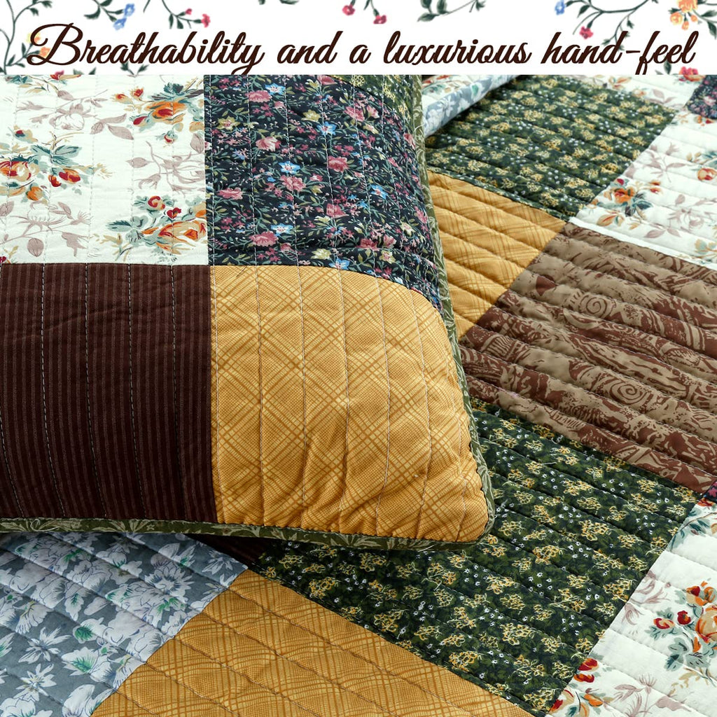 Cozy Line Home Fashions Olive Country Style Yellow Cotton Real Patchwork Quilt Bedding Set, Reversible Coverlet, Bedspread (Brow