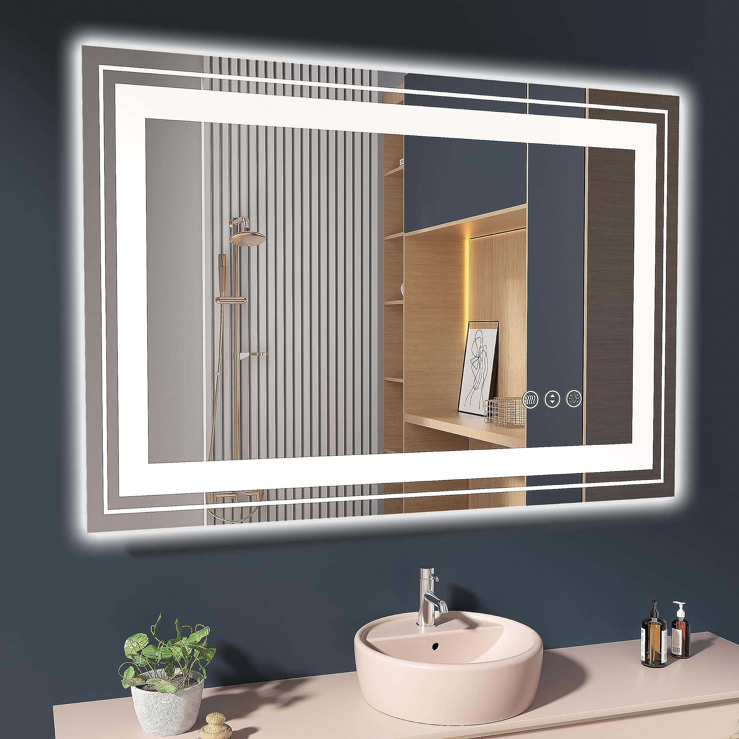 Snowdool 40X28 Front and Backlit Mirror Bathroom LED Mirror, Anti-Fog Bathroom Mirror with Lights, Stepless Dimmable, 3 Colors L