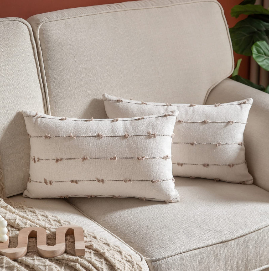 Caflife Boho Throw Pillow Covers 12X20 Inches Beige And Natural, Set Of 2 Modern Farmhouse Decorative Pillow Covers For Couch Be