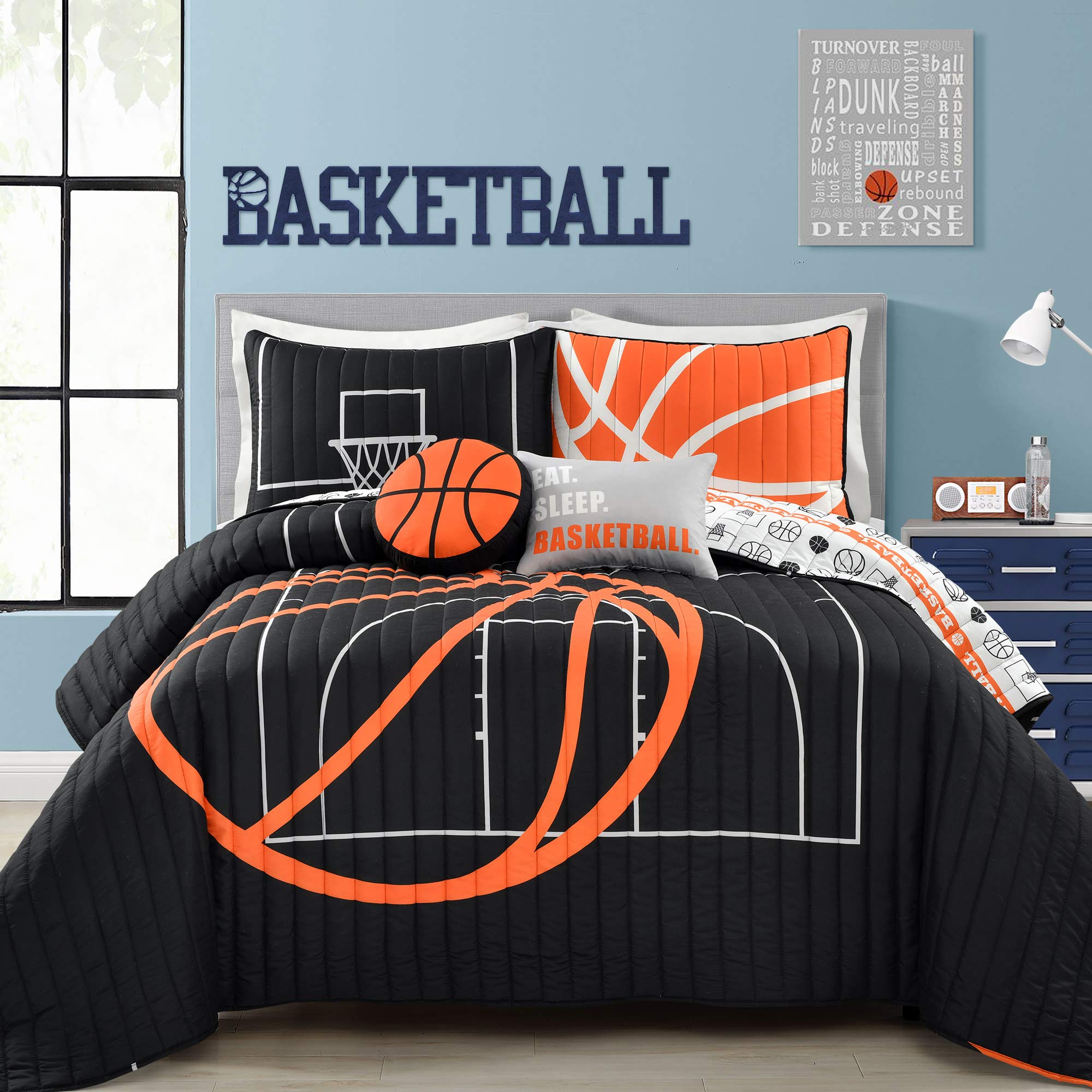 Lush Decor Basketball Game Reversible Quilt Set, 5 Piece Set, Full/ Queen, Black & Orange - Soft Teen Bedding Set - Basketball D