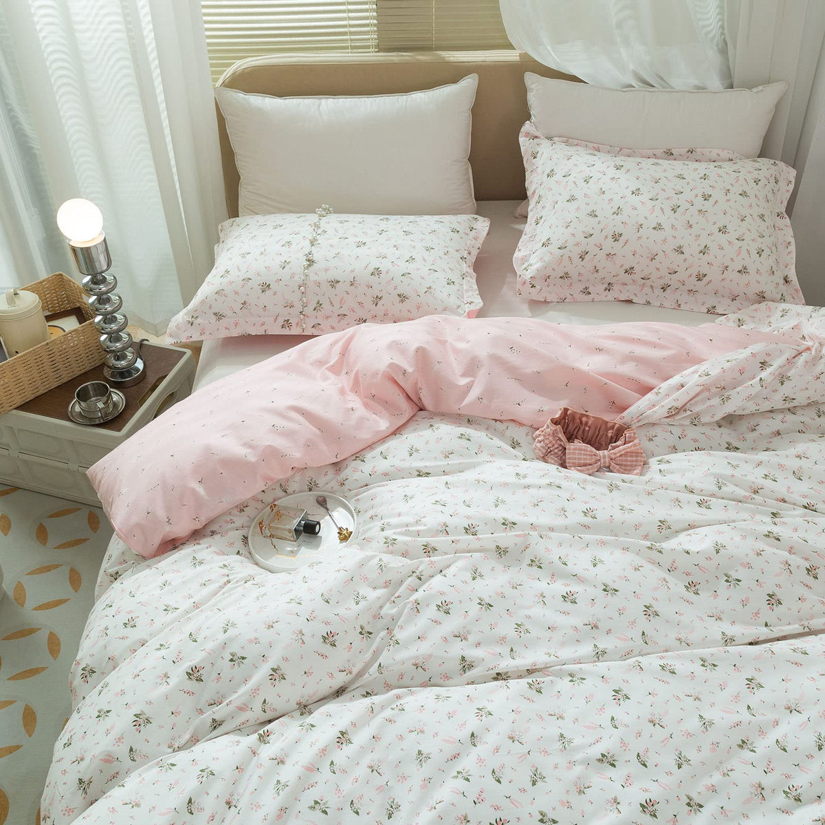 Girl Duvet Cover Twin Pink White Flower Print Bedding Sets Garden Style Floral Comforter Cotton Aesthetic Cover Chic Floral Bedr