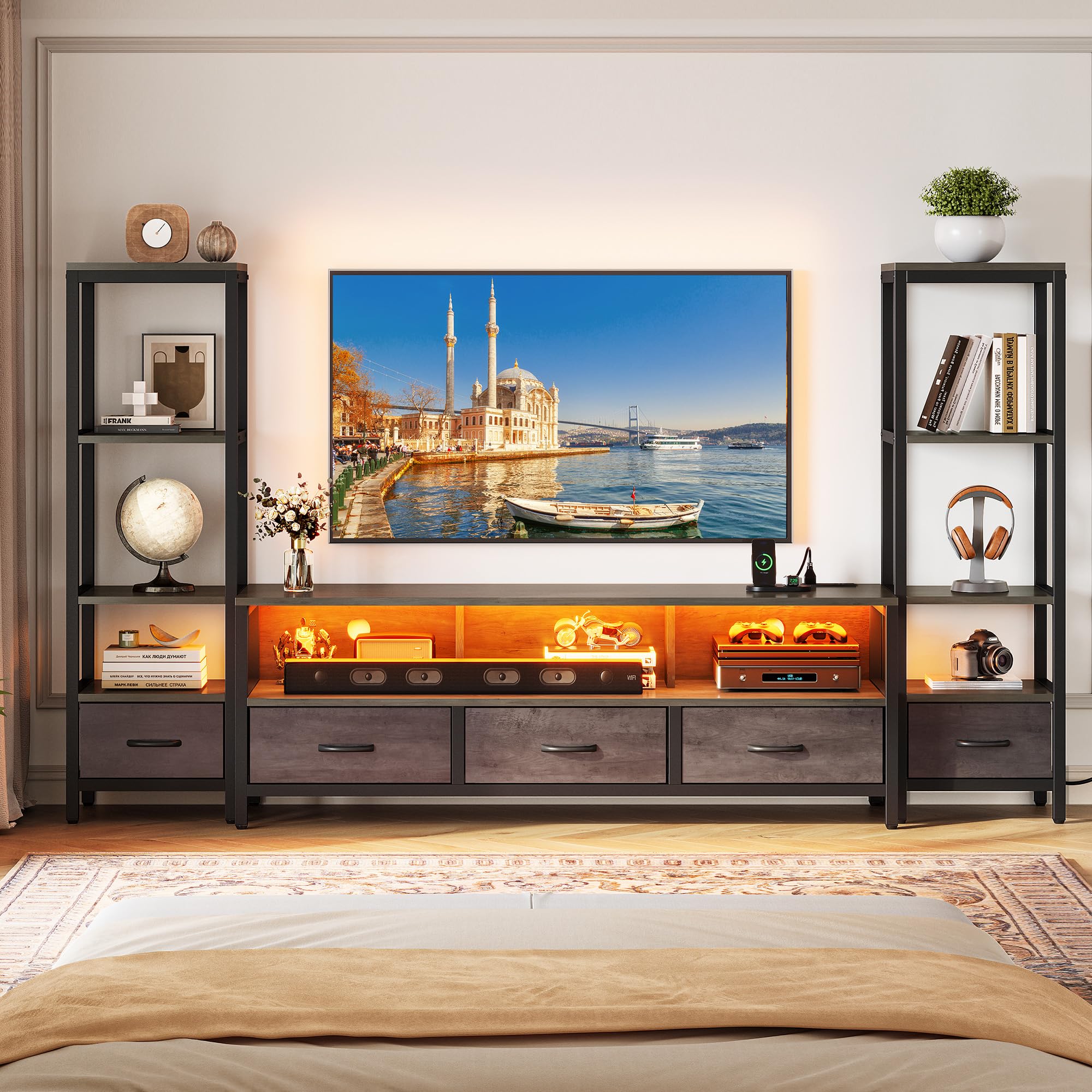 YITAHOME TV Stand 65 Inch for Living Room, LED Entertainment Center with Storage, TV Stand with 4 Tier Industrial Bookcase & Pow
