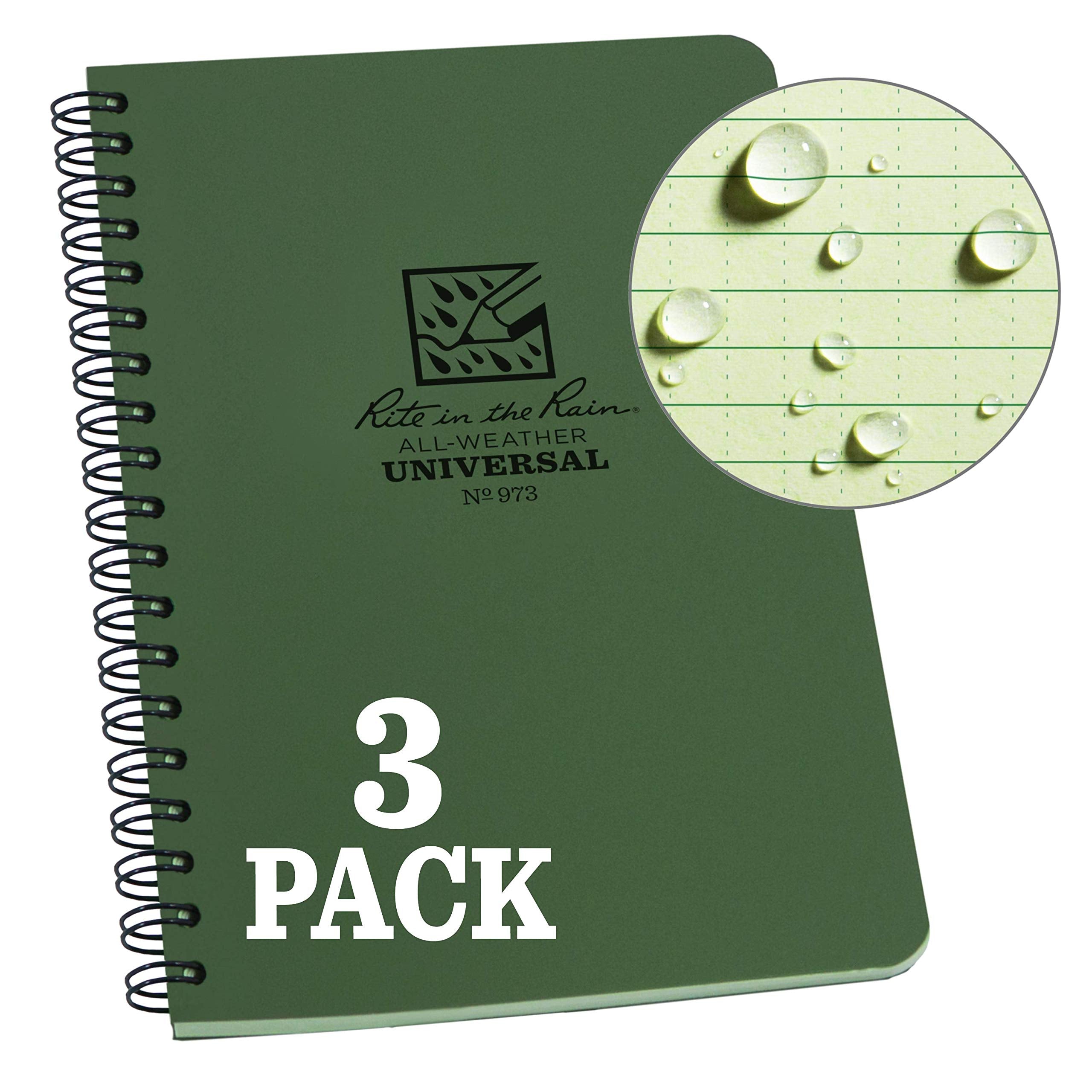 Rite In The Rain Weatherproof Side Spiral Notebook, 4.625' X 7', Green Cover, Universal Pattern, 3 Pack (No. 973L3)