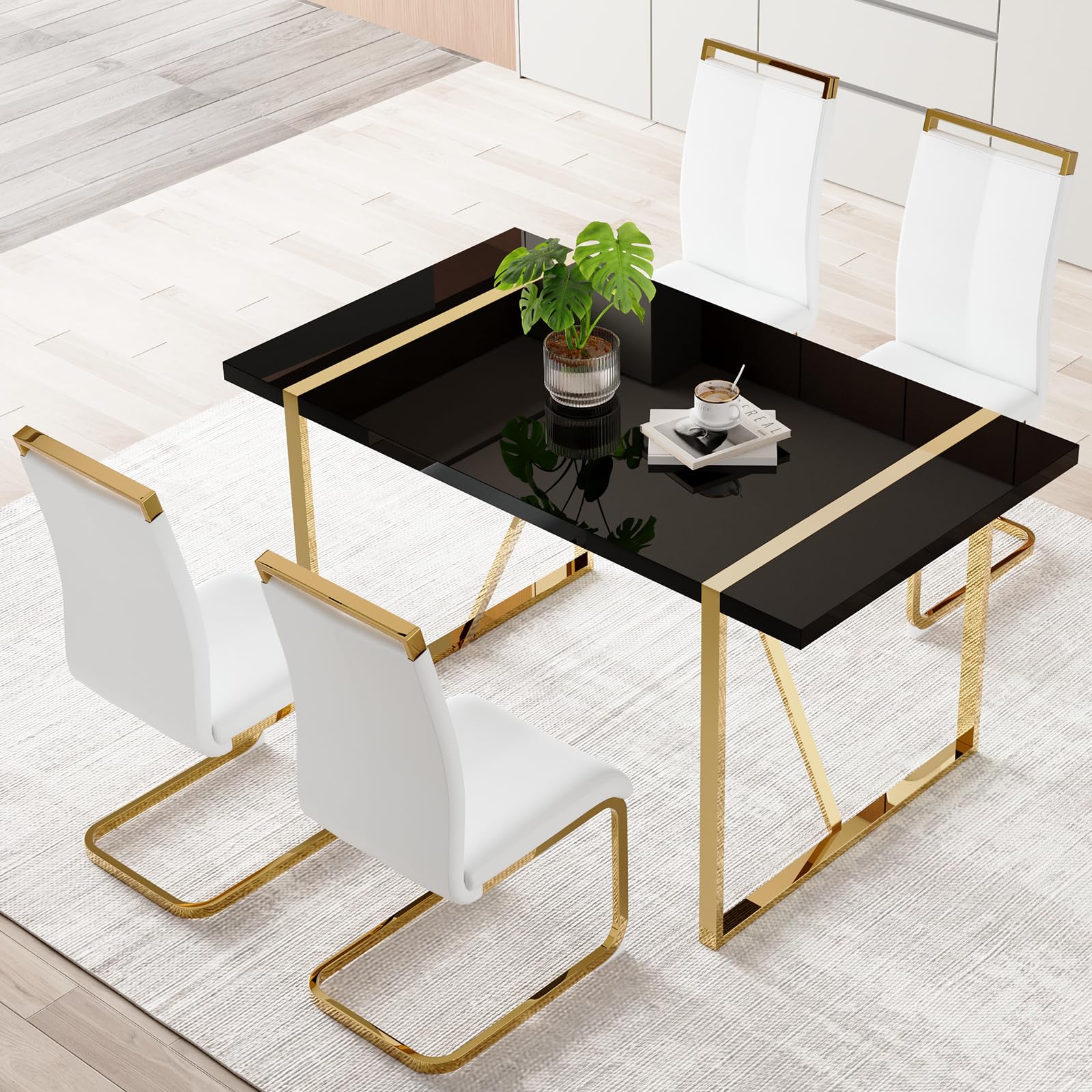 Ebullient Black Rectangular Mdf Dining Table Set With Pu Leather Chairs - 4 Seater With Metal Frame - Modern Dining Room Table S