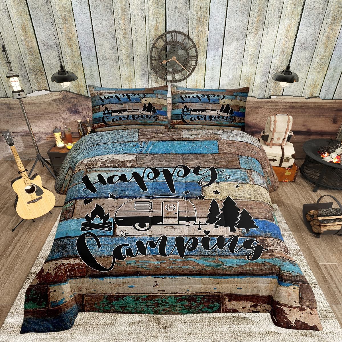 Camping Adventure Comforter Set King Size,Camper Rv Trailer Decor Bedding Set 3Pcs For Kids Boys Girls Adults,Retro Wooden Plank