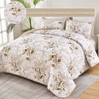 Aninbedding Floral King Quilt Set,Brown Botanical Bedspread Coverlet Set With 2 Pillowcases,Lightweight Soft Micorfiber Bedding
