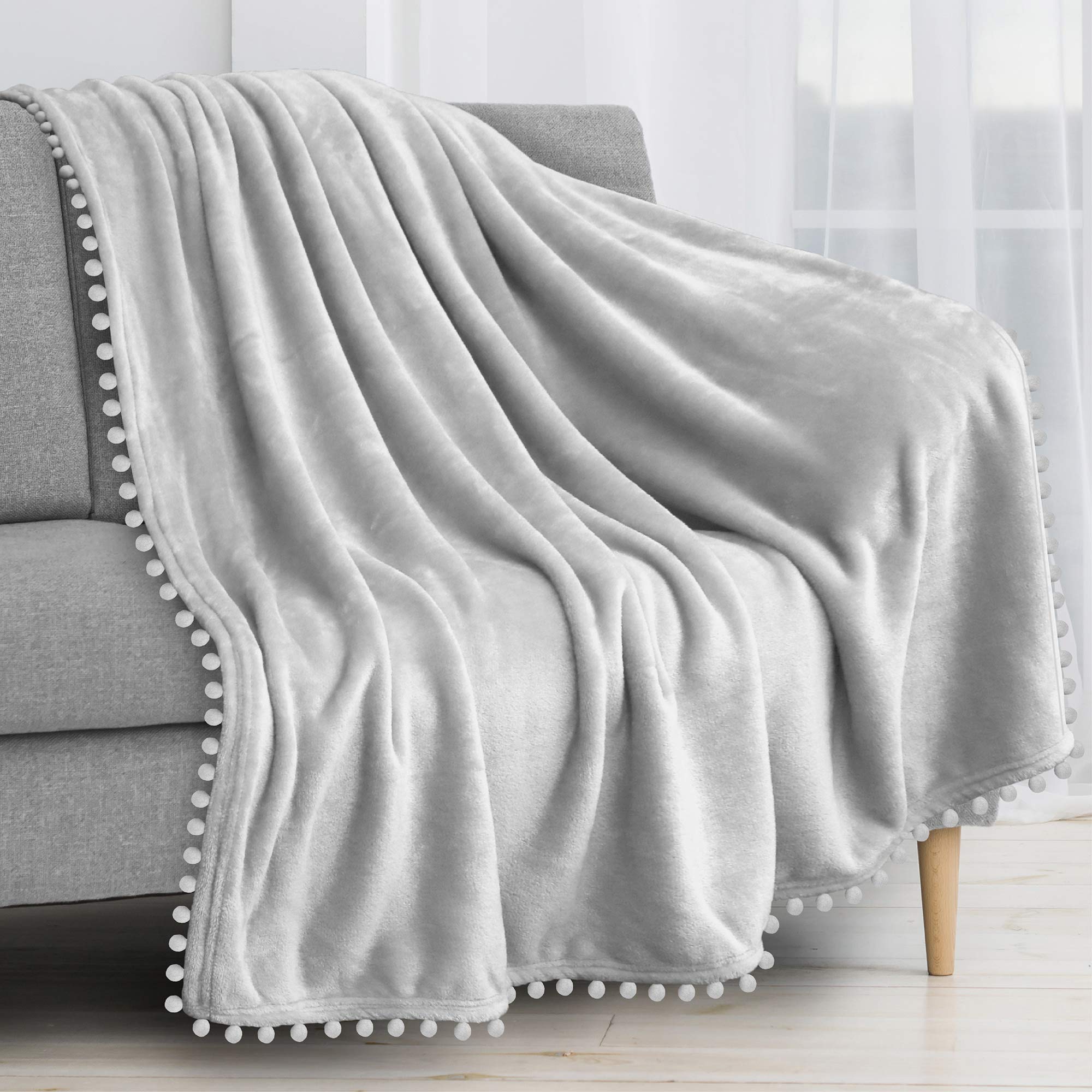 Pavilia Pom Pom Blanket Throw, Light Gray Silver | Soft Fleece Pompom Fringe Blanket For Couch Bed Sofa | Decorative Cozy Plush