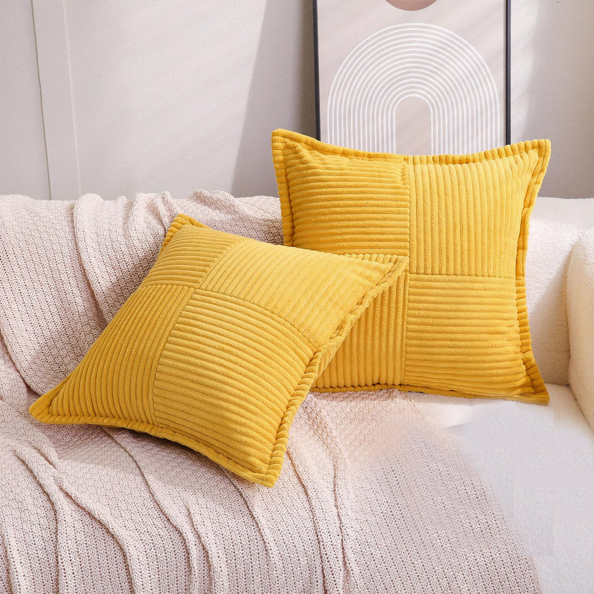 Puncuntex Corduroy Throw Pillow Covers Set Of 2 Boho Decorative Yellow 16  16 Inch,Super Soft Pillowcase Cozy Striped Texture Cu