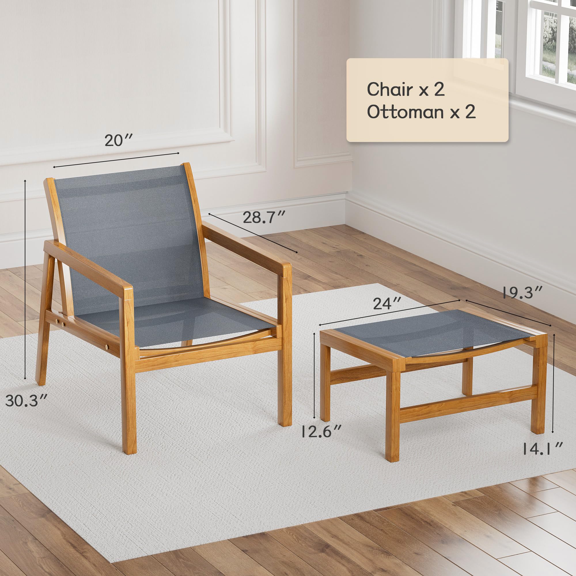 Greesum 4 Piece Furniture Outdoor Acacia Wood Chair With Ottoman For Porch, Balcony, Deck, Patio, Backyard, Gray