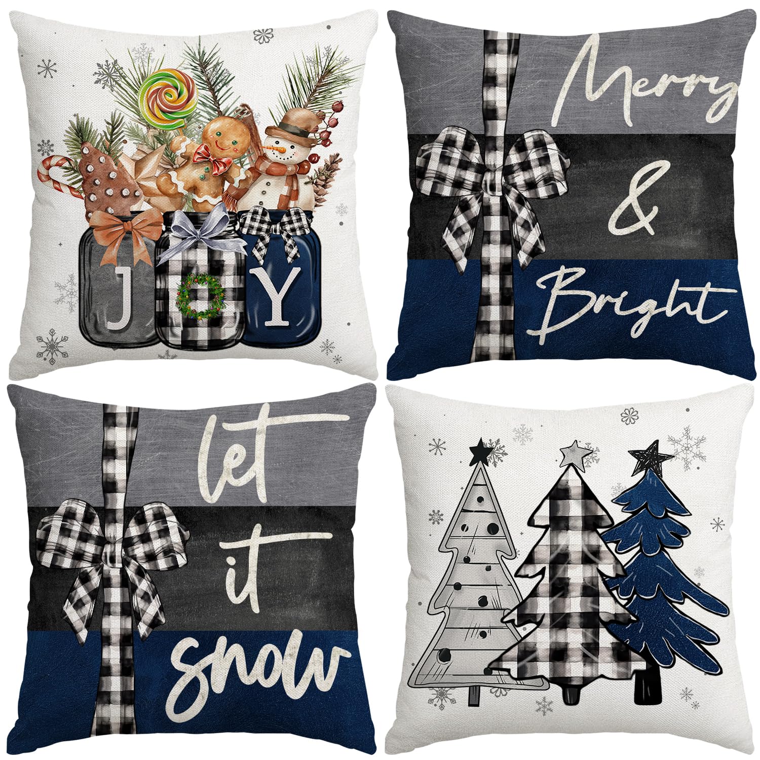 Artmag 24X24 Inch Christmas Throw Pillow Covers Merry Christmas Joy Xmas Trees Blue And Black Decorative Winter Holiday Cushion