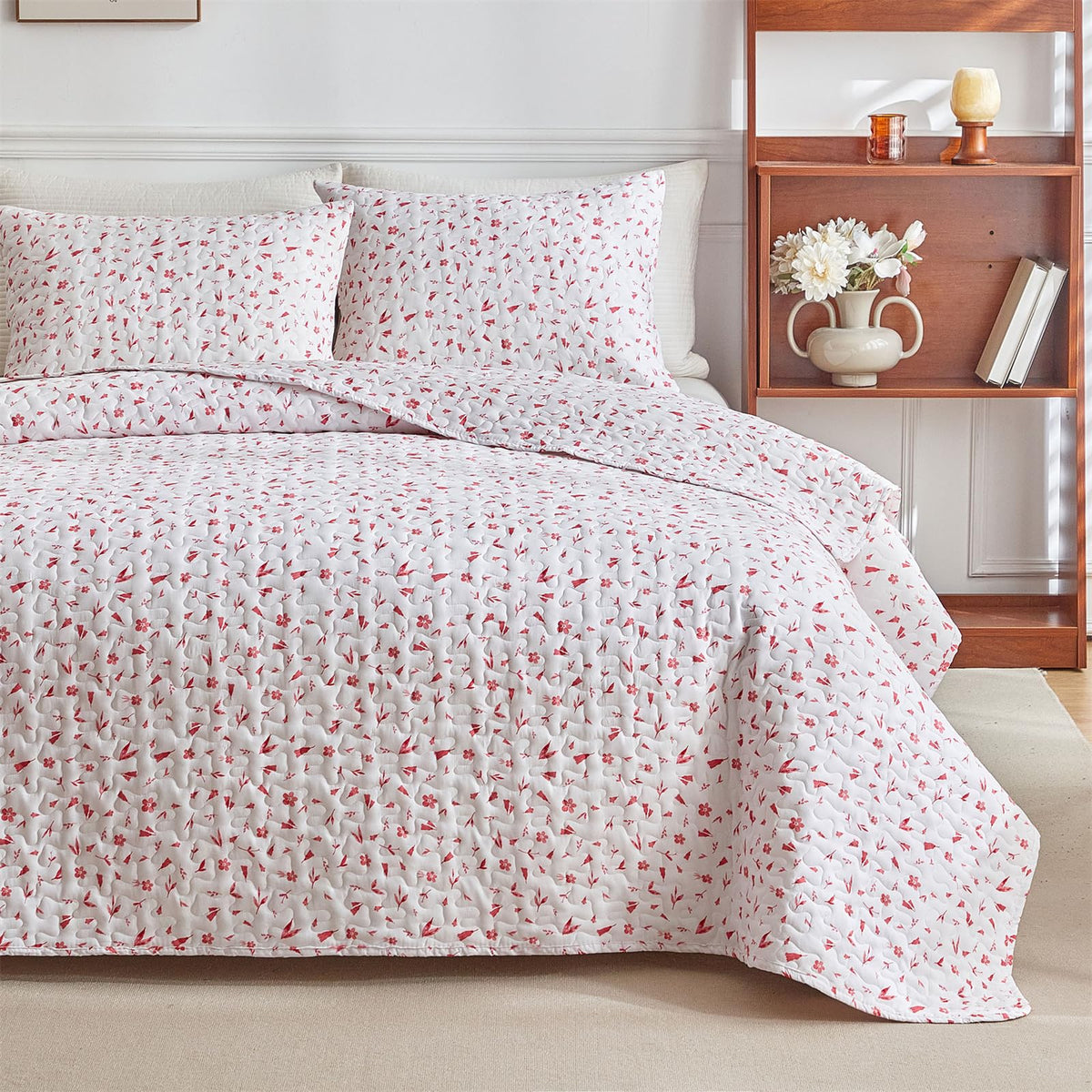 Mixinni Full Queen Quilt Bedding Set With Pillow Shams, 3 Piece Boho Pink Floral Bed Coverlets For All Seasons, Soft Lightweight