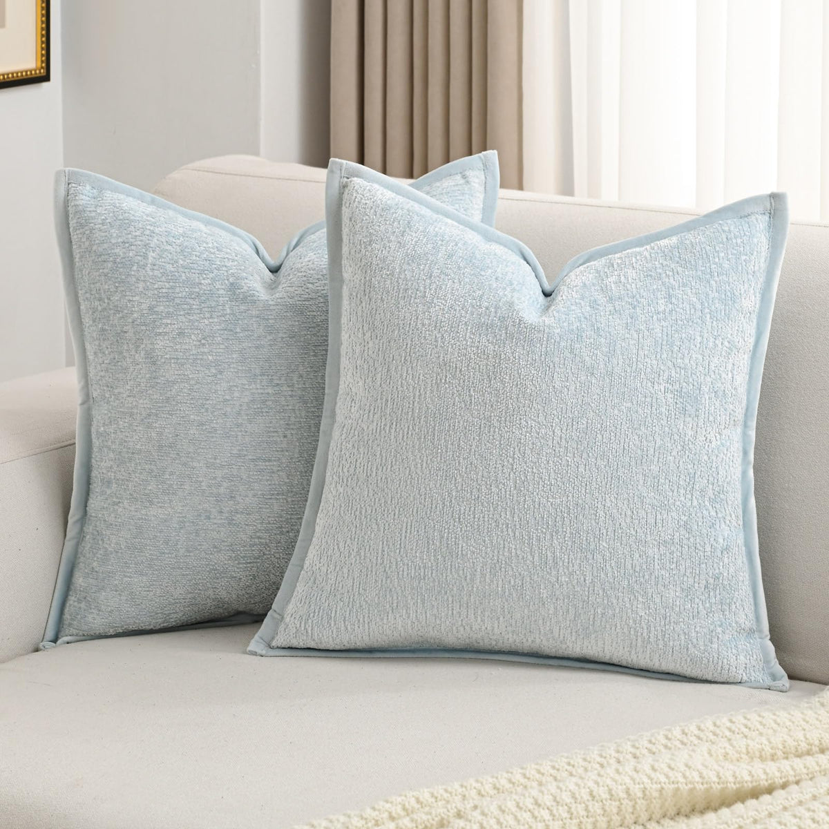 Futei Light Blue Chenille Throw Pillow Covers 18X18 Inch Set Of 2,Soft Velvet Cushion Case,Home Decor For Couch Bed Living Room