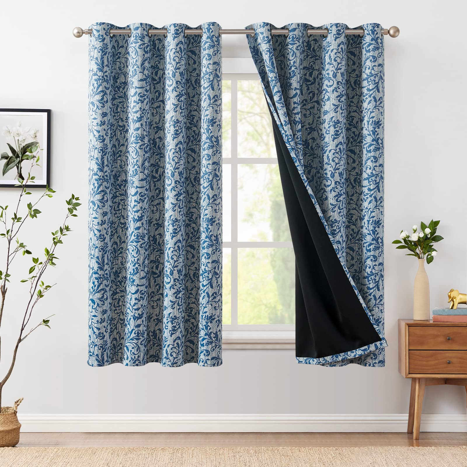 Jinchan 100% Blackout Curtains For Bedroom 72 Inches Long Blue Scroll Floral Window Curtains For Living Room Farmhouse Vintage Drapes Thermal Insulated Grommet Window Treatments 2 Panels Set