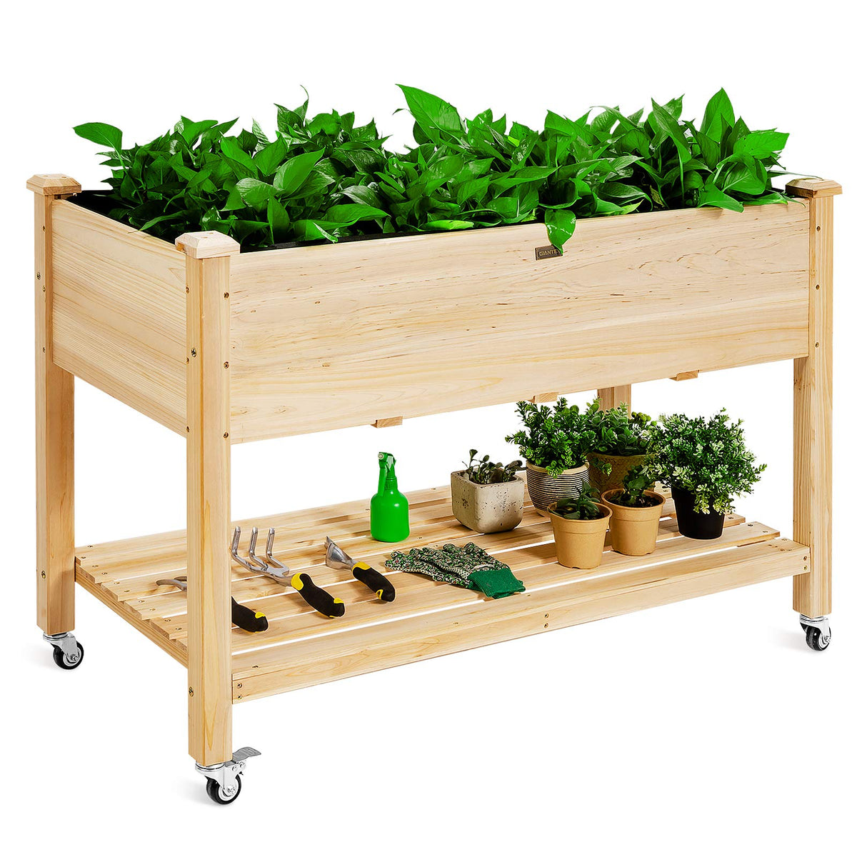 Giantex Raised Garden Bed On Wheels, Wood Planter Box With Legs, Liner, Drain Holes, Elevated Garden Bed For Vegetables, Standin