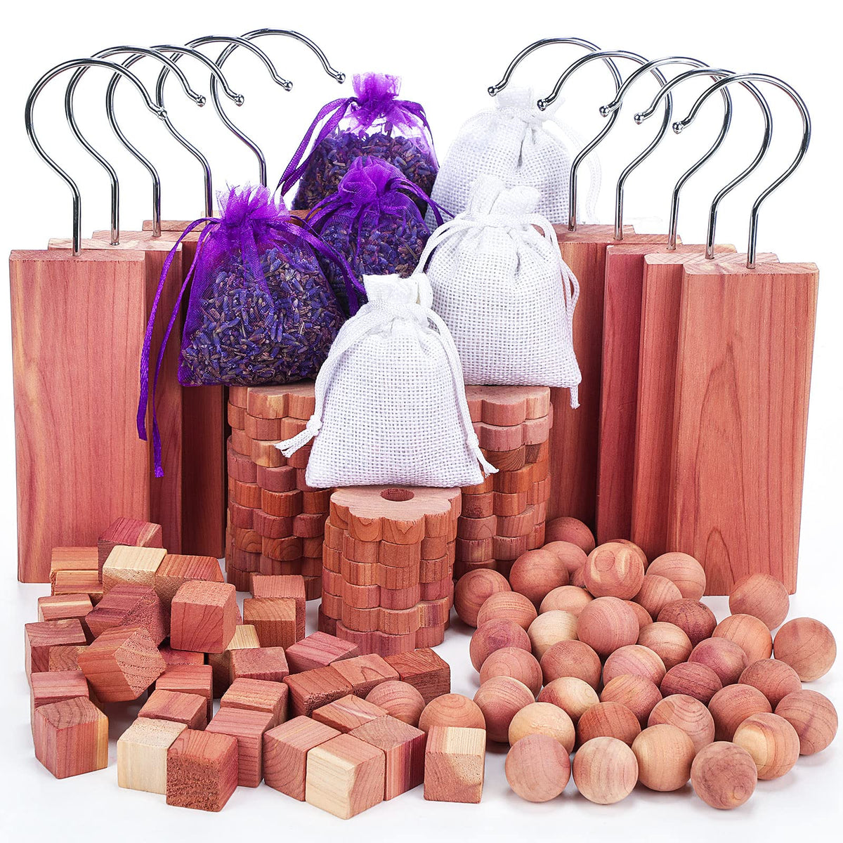 Demissle Cedar Blocks for Clothes Storage, 120 Pcs Set with Cubes, Balls, Rings, Pouches, Lavender Sachets for Closets and Drawe