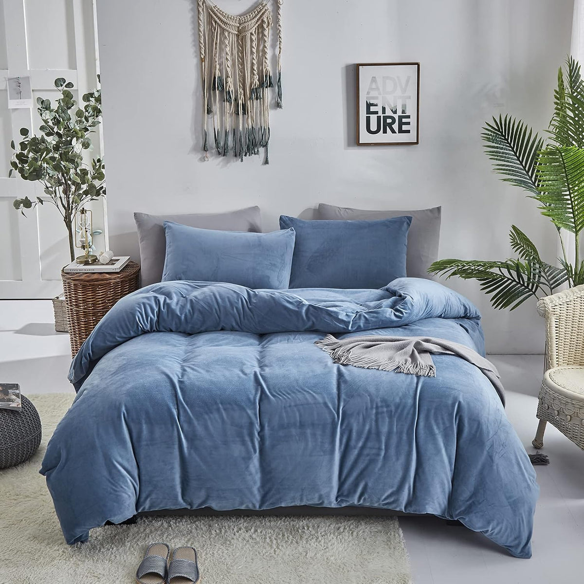 Cottonight Blue Velvet Comforter Set Full Bright Blue Flannel Bedding Comforter Set Plain Lake Blue Winter Blanket Quilts Modern