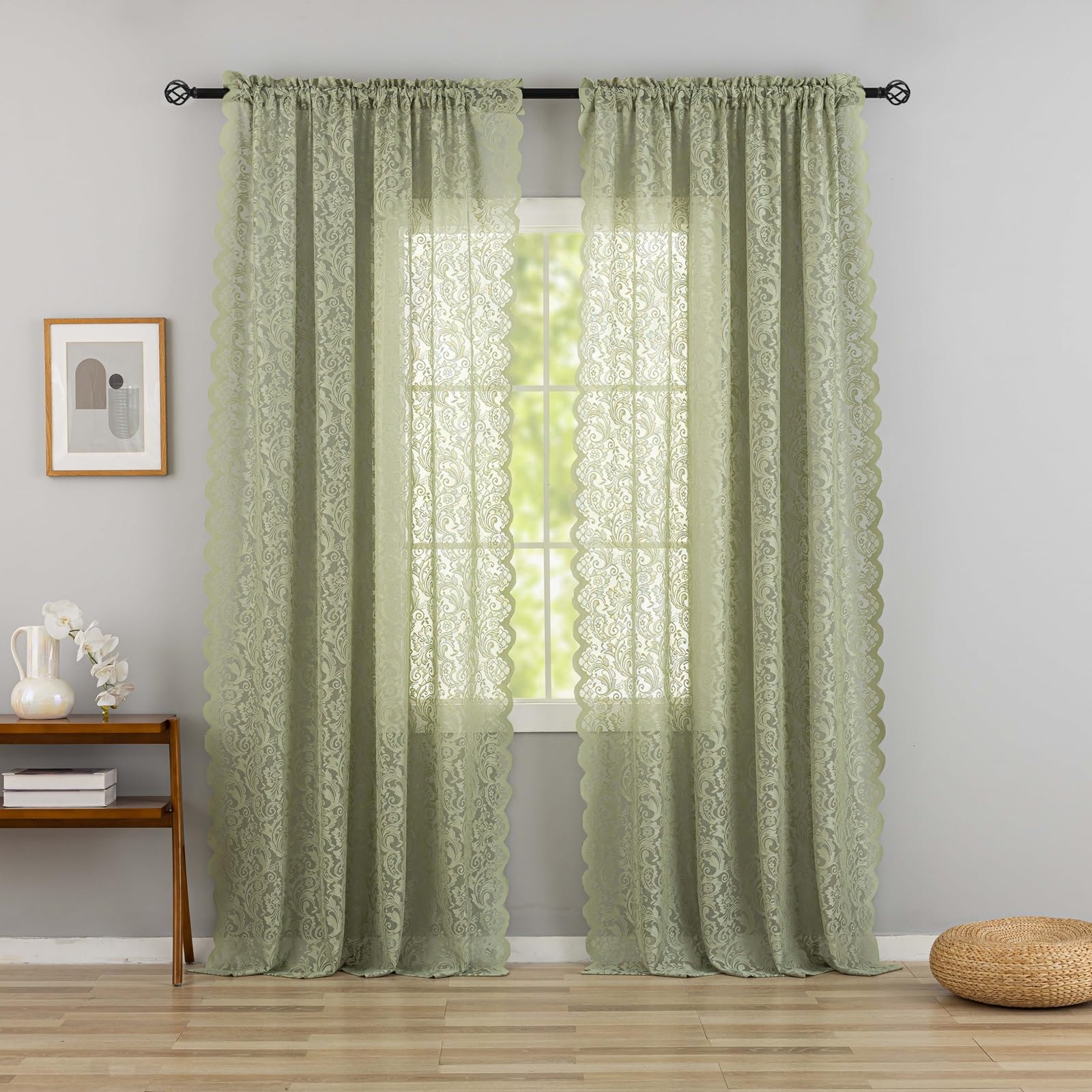 Aligogo Sage Green Lace Curtains 96 Inches Long - Country Rustic Floral Lace Sheer Curtains 2 Panels Set For Living Room, Privac