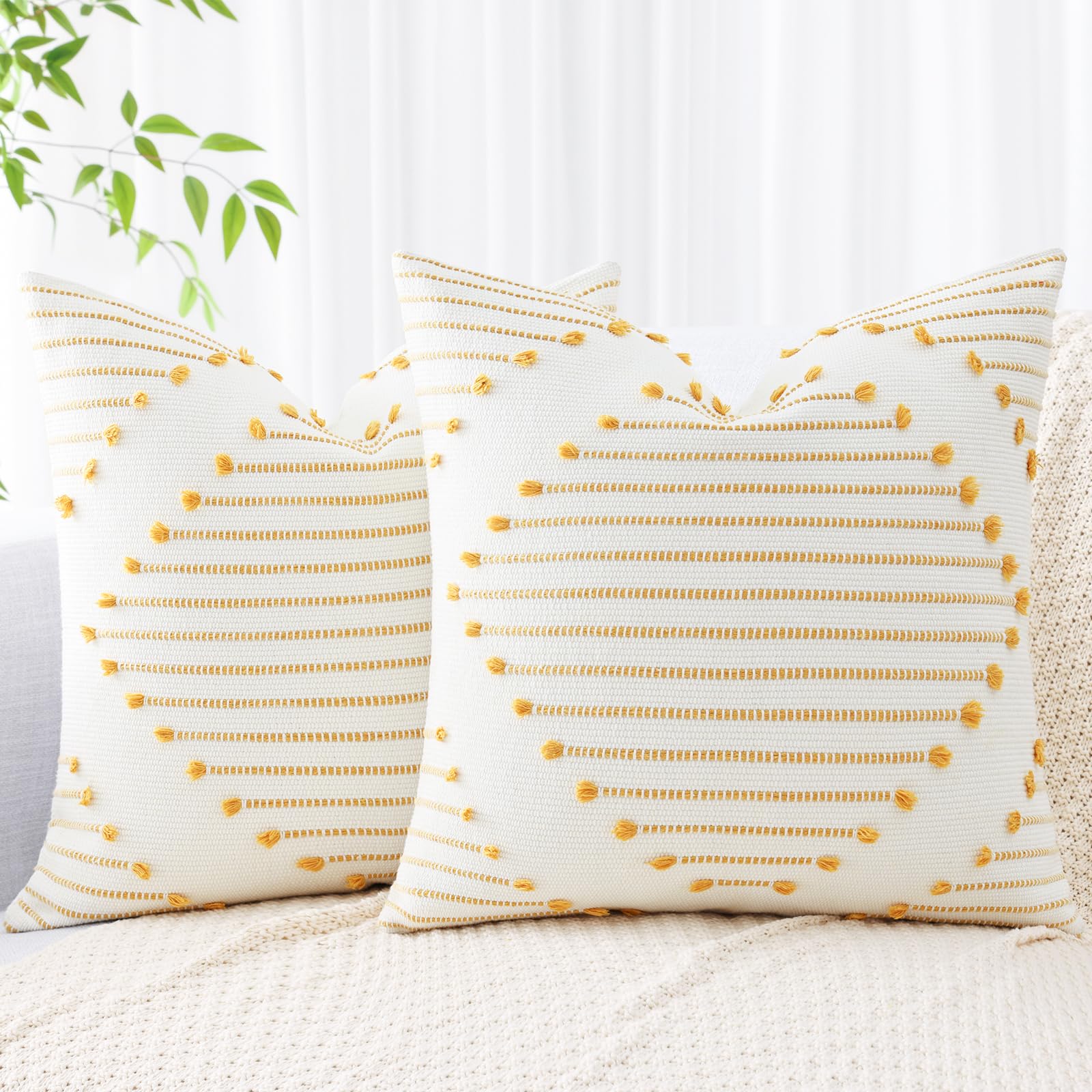 Mecatny Boho Throw Pillow Covers 20X20 Set Of 2, Farmhouse Decorative Pillow Covers For Couch Sofa Living Room, Yellow & White