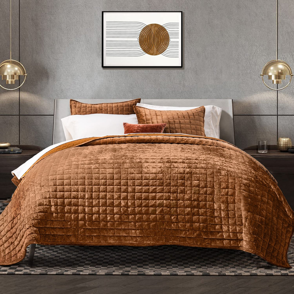 Recyco Luxury Velvet Quilt Set Full Queen Size, Lightweight Velvet Comforter Set, Oversized Bedspread Quilted Coverlet Velvet Be