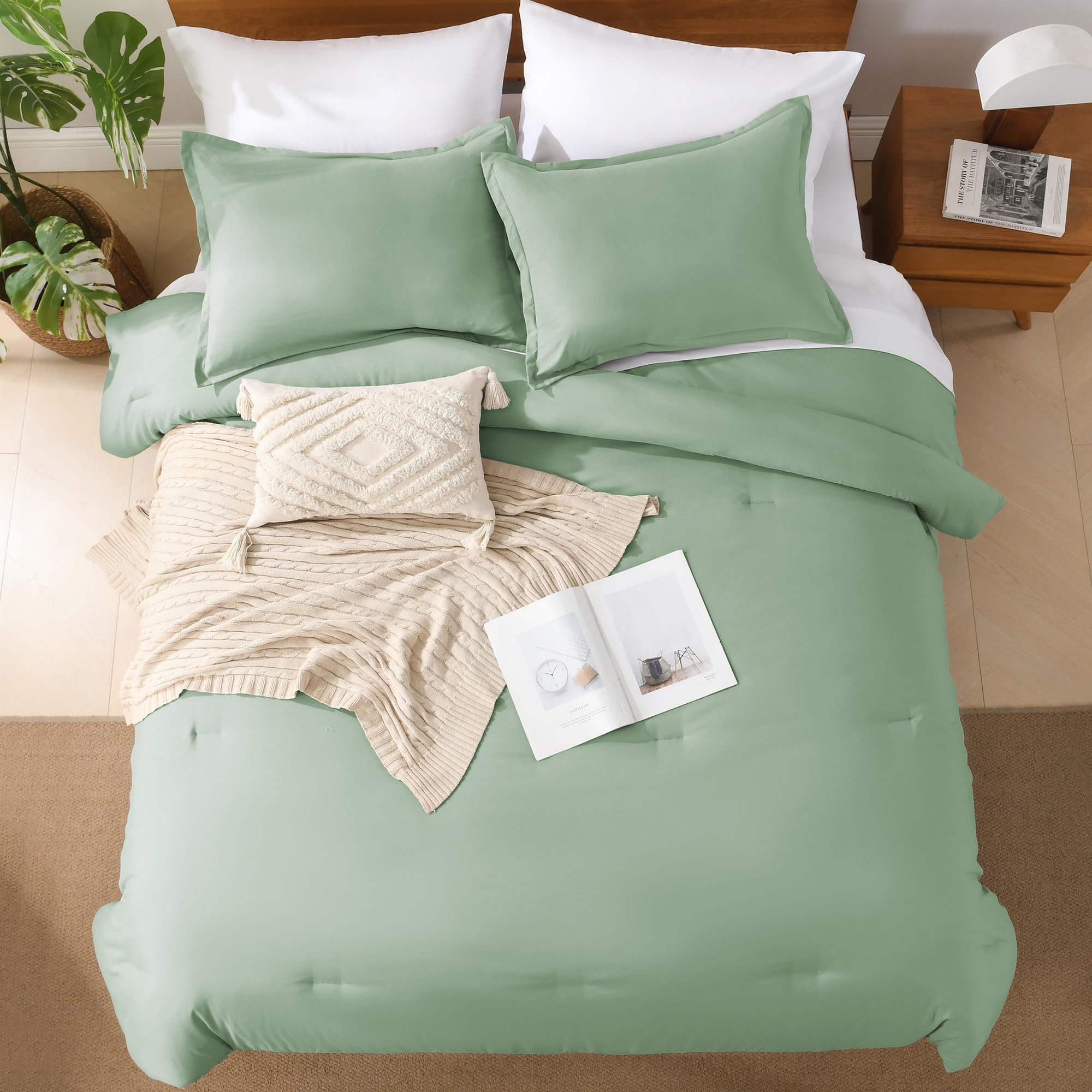 Andency Sage Green Queen Comforter Set - 7 Pieces Bed In A Bag Queen Bedding Comforter Sets, Summer Solid Soft Lightweight Comforter With Fitted Sheets, Flat Sheets, Pillowcases & Shams