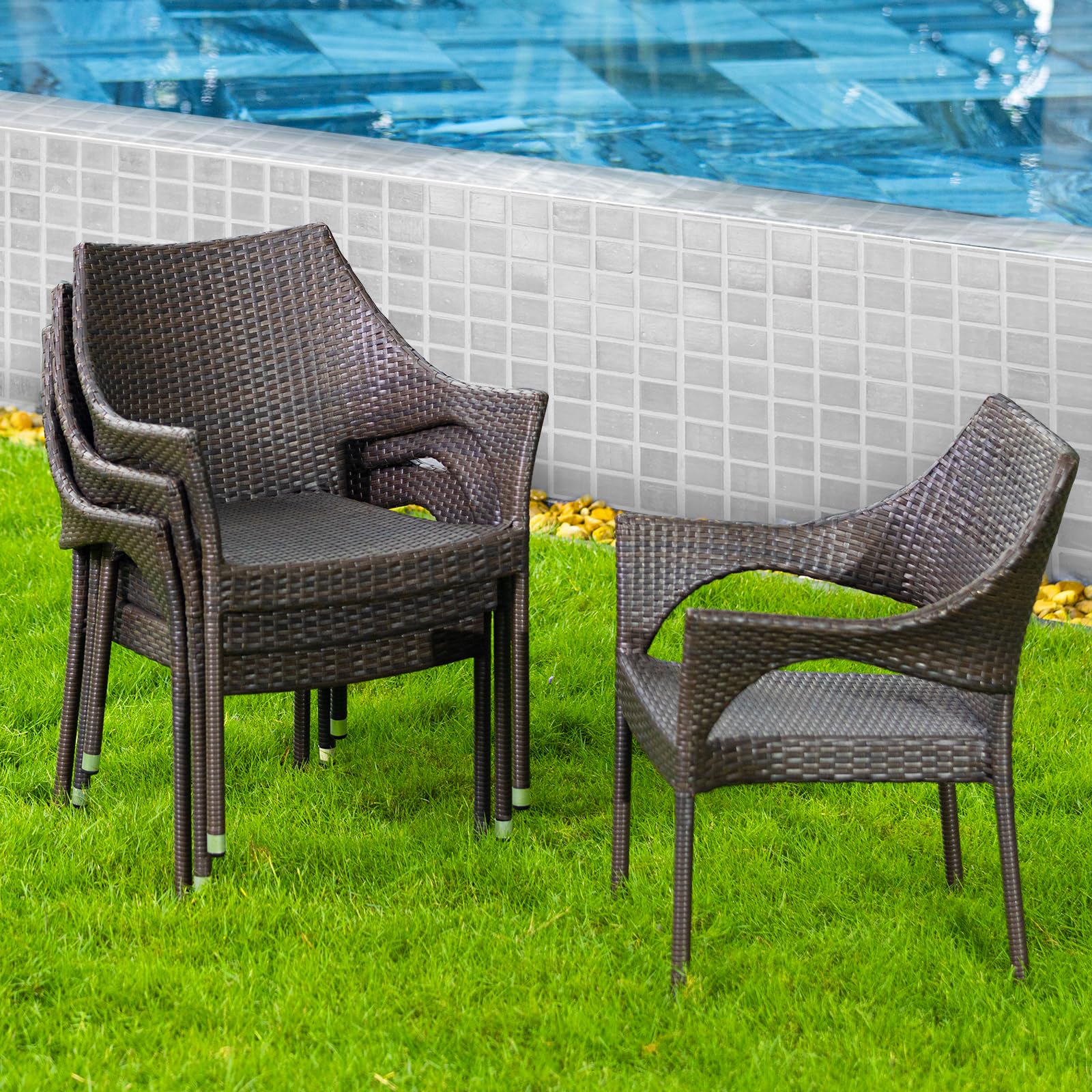 Idzo Etonnant Outdoor Dining Chairs Set Of 4, 2000 Hours Uv Wicker, Supports 400Lbs, Stackable With Curved Armrest And Powder-Co