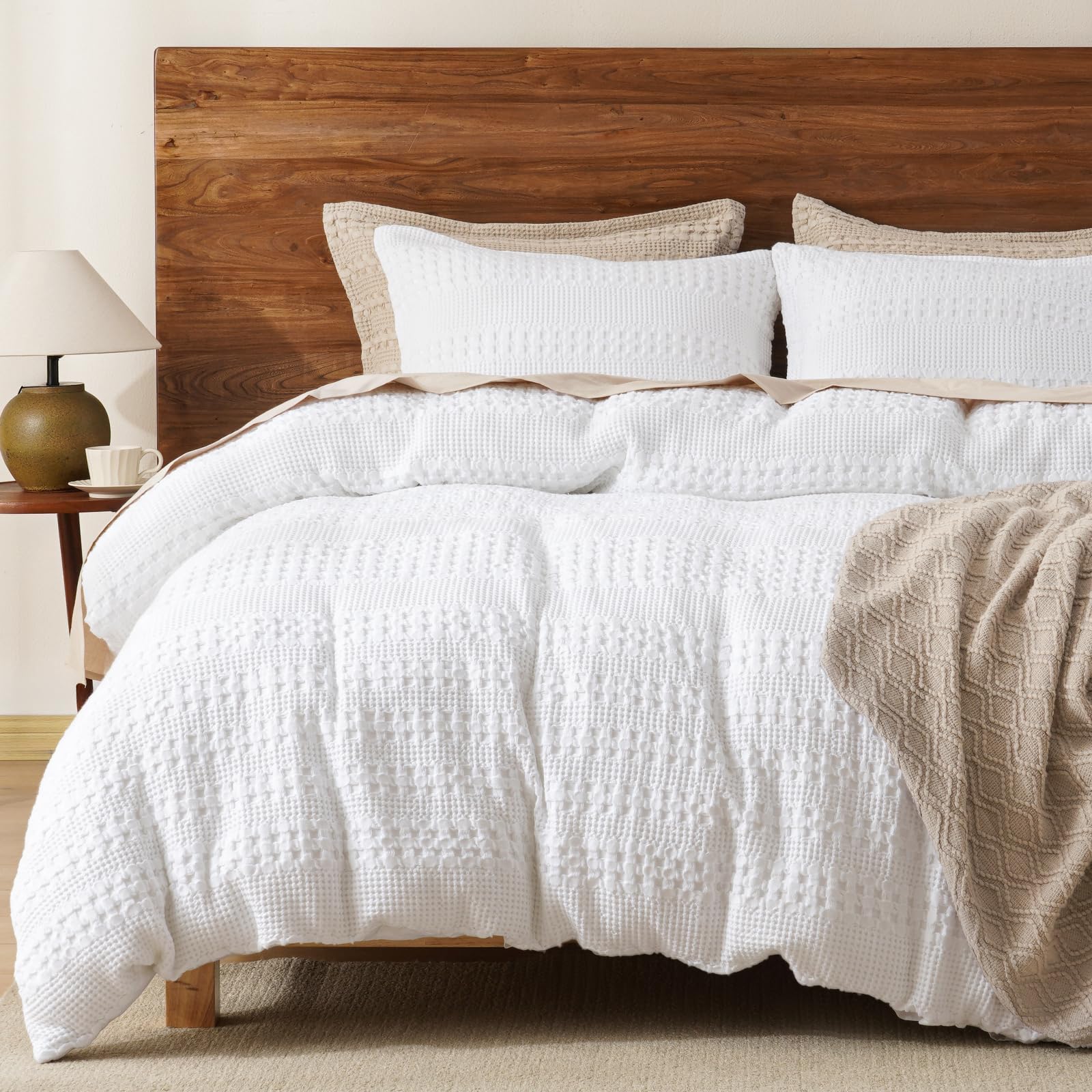Phf 100% Cotton Waffle Duvet Cover King Size, Soft Breathable Cotton Bedding Duvet Cover Set For All Season, Waffle Weave Textur