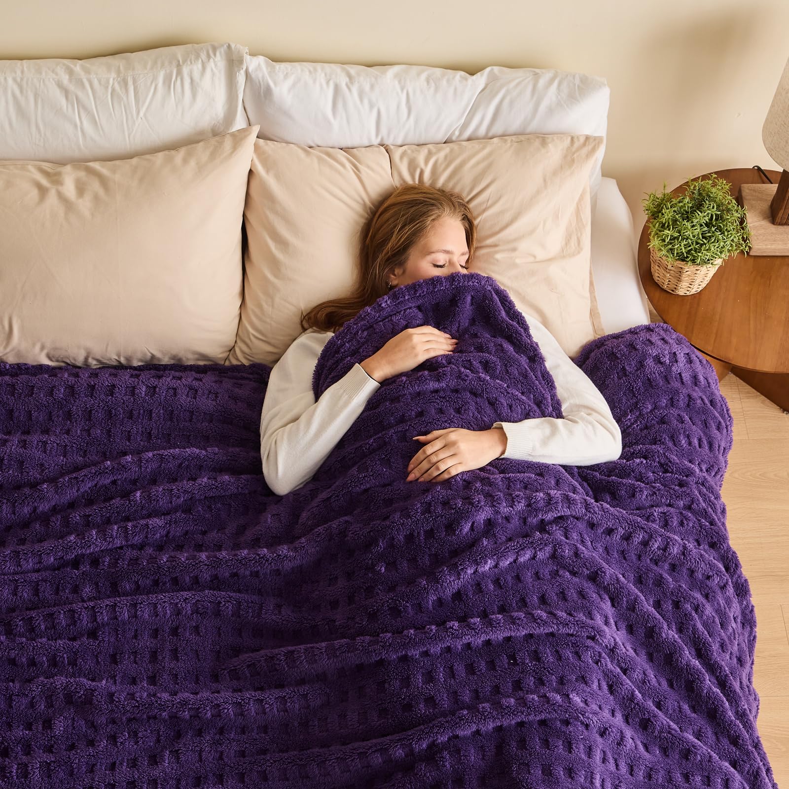 Newcosplay Super Soft Queen Blanket Purple Premium Silky Flannel Fleece 3D Waffle Checkered Lightweight Bed Blanket All Season U