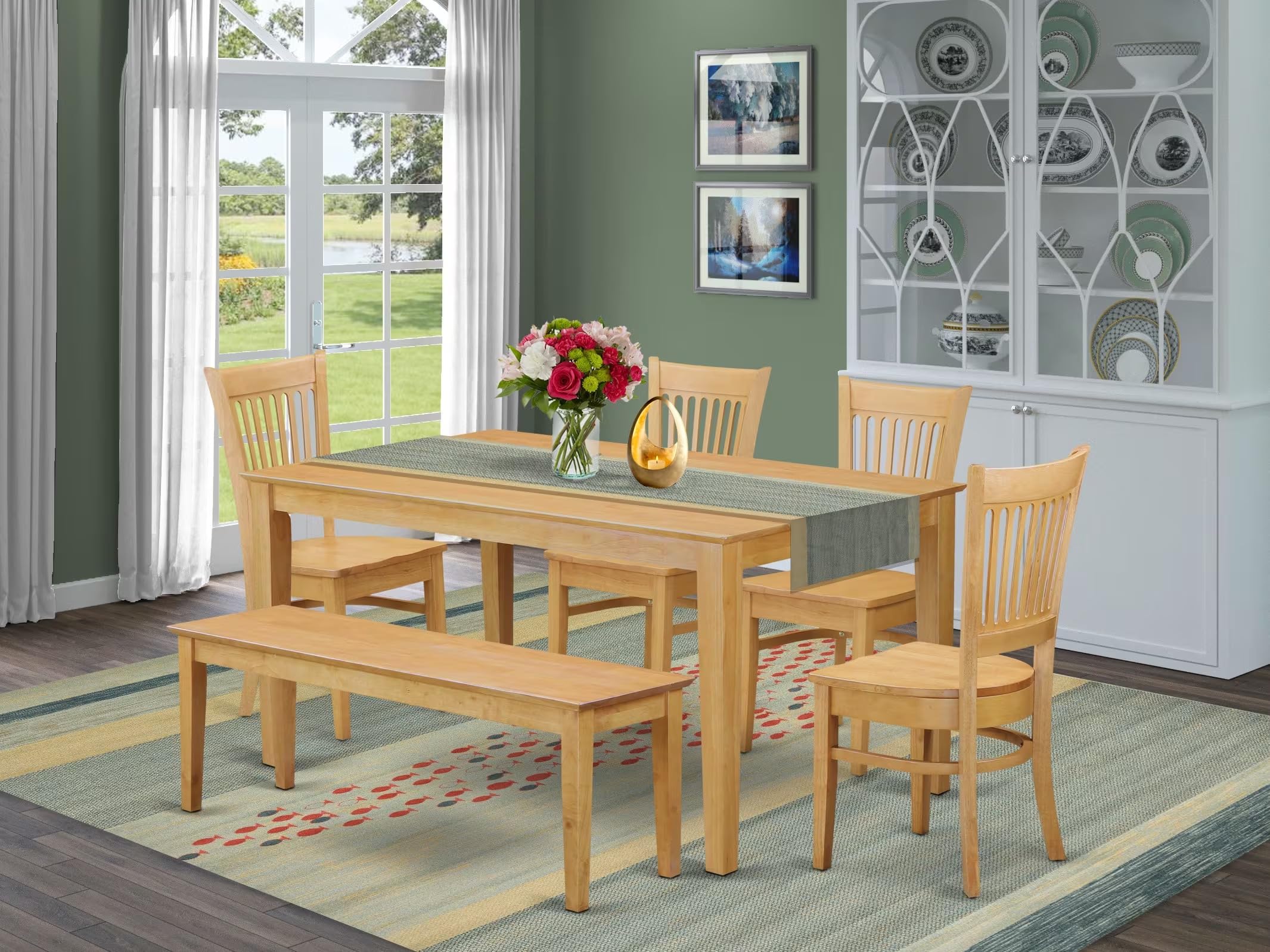 East West Furniture CAVA6-OAK-W 6 Piece Dining Room Furniture Set Contains a Rectangle Kitchen Table and 4 Dining Chairs with a Bench, 36x60 Inch, Oak