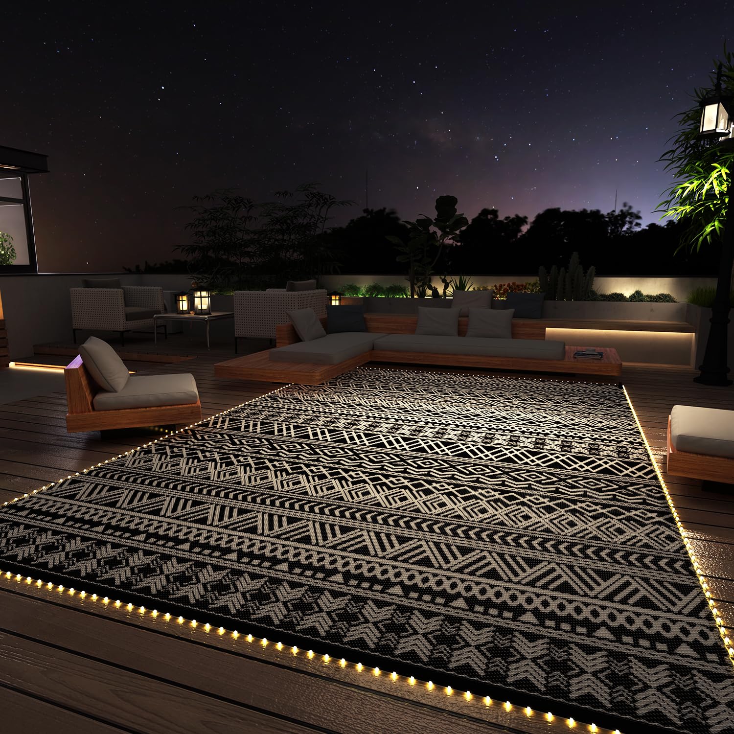 Montvoo-Outdoor Rug Carpet 8X10 Ft For Patio Rv Camping With Led Strip Lights Waterproof Plastic Straw Rug Reversible Portable O