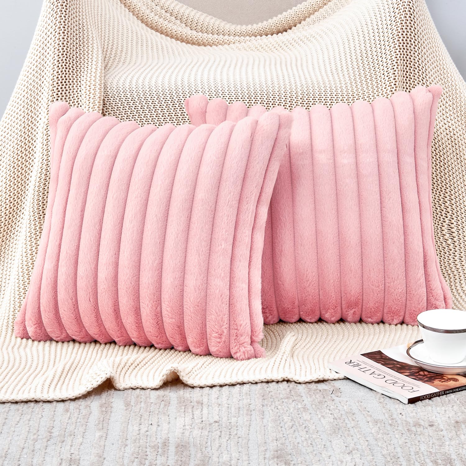 Grineed Throw Pillow Covers Decorative Faux Fur Set Of 2 18X18 Inch Pillow Covers, Soft Pink Striped Pillowcases For Couch Sofa