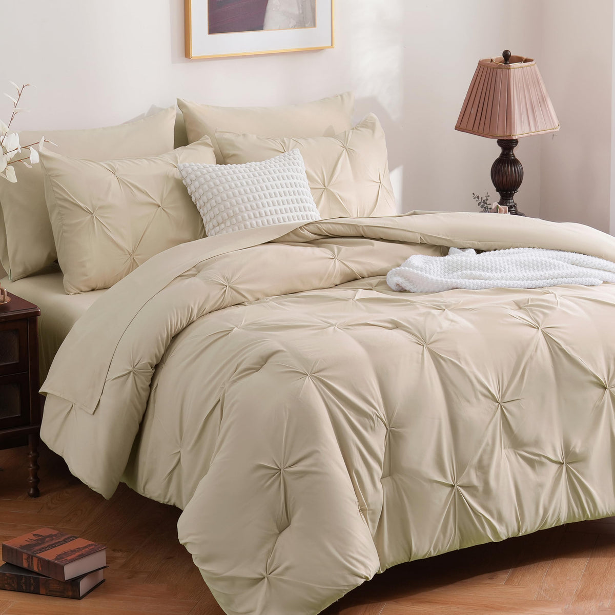 Downcool 7 Pieces King Size Comforter Set, Beige Pintuck Bed In A Bag, Pinch Pleat King Size Bed Set, All Season Bedding Sets Wi