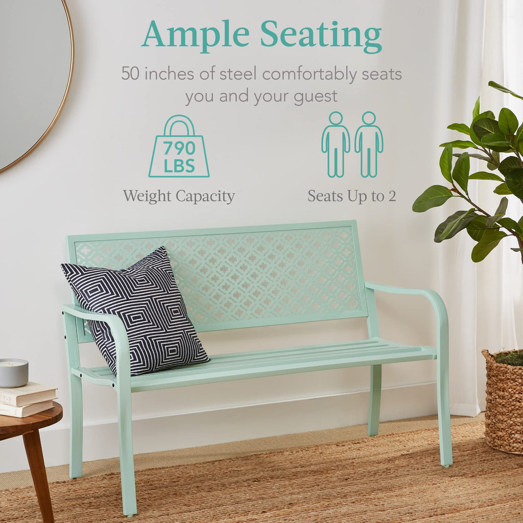 Best Choice Products Outdoor Bench 2-Person Metal Steel Benches Furniture For Garden, Patio, Porch, Entryway W/Geometric Backrest, 790Lb Capacity - Mint Green