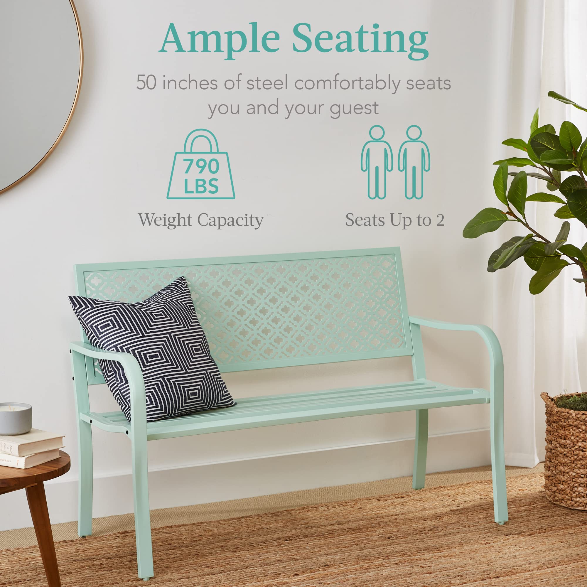 Best Choice Products Outdoor Bench 2-Person Metal Steel Benches Furniture For Garden, Patio, Porch, Entryway W/Geometric Backrest, 790Lb Capacity - Mint Green