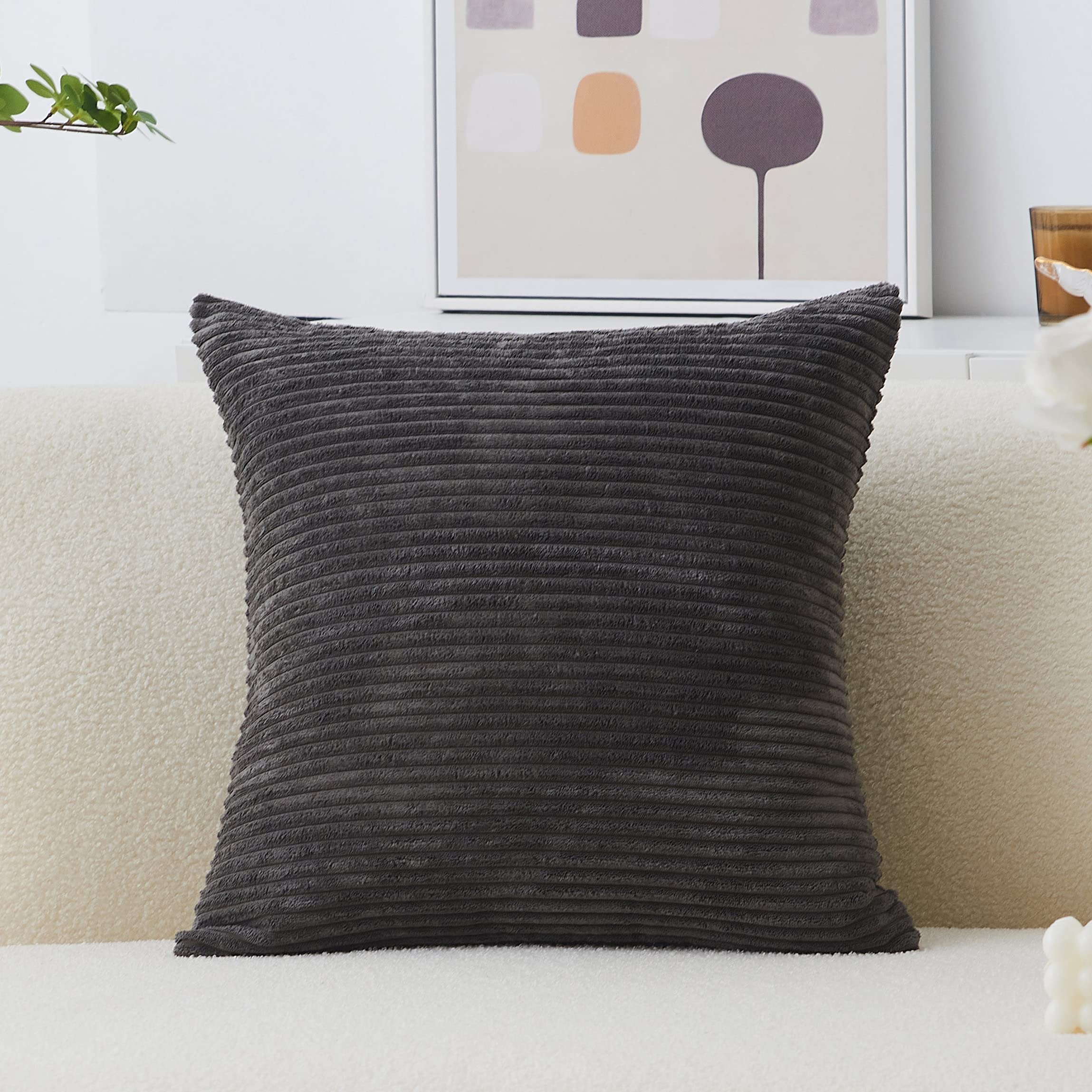 Home Brilliant Pillow Cover 24X24 Inches Striped Corduroy Soft Velvet Large Euro Sham Cushion Cover For Couch, 60X60 Cm, Dark Gr