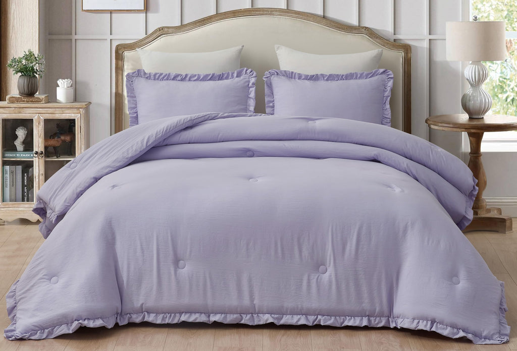 Chezmoi Collection Nora Lavender Comforter Set King Size 3-Piece Fluffy Soft Lightweight Bedding Ruffled Edge Trim Stone-Washed
