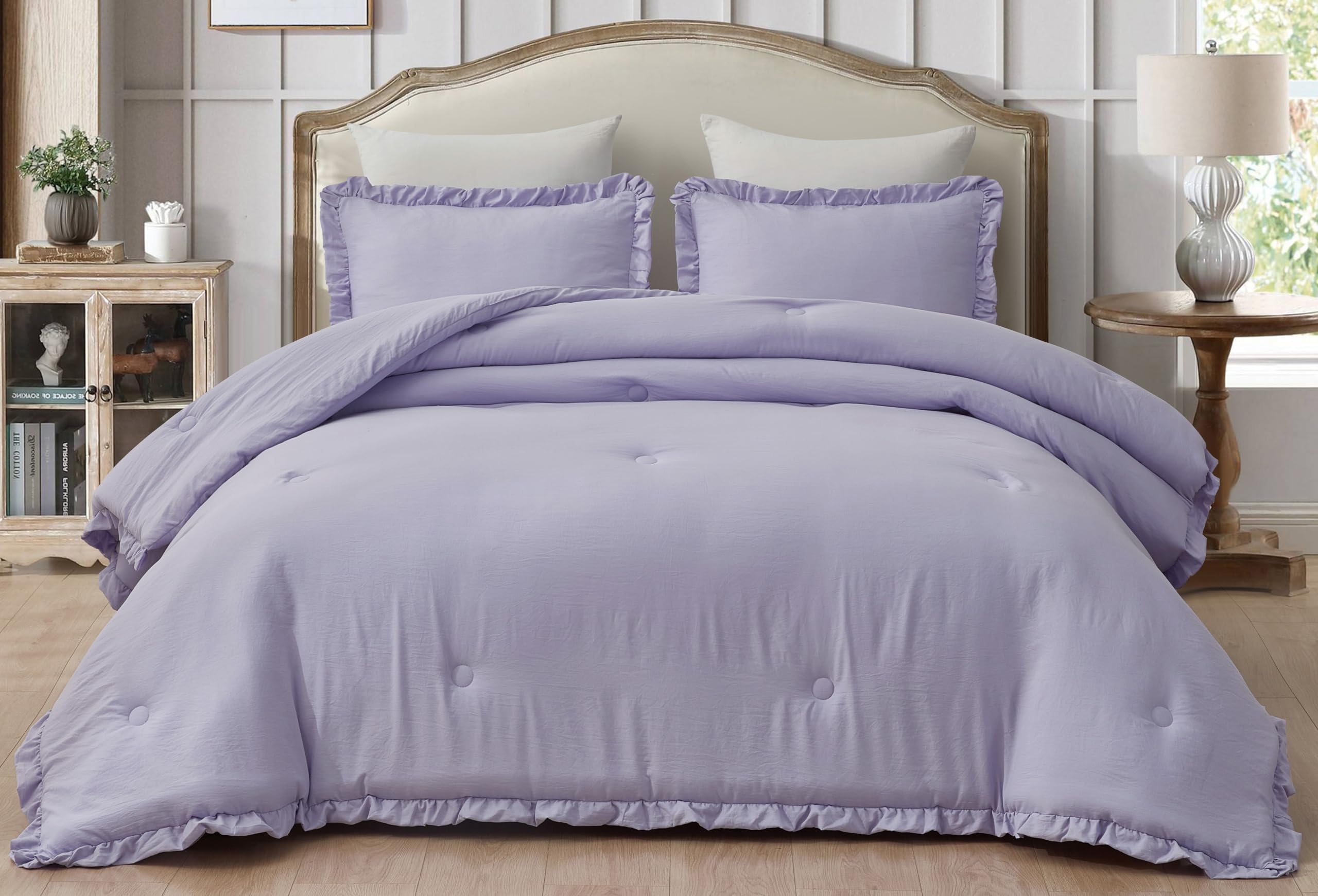 Chezmoi Collection Nora Lavender Comforter Set King Size 3-Piece Fluffy Soft Lightweight Bedding Ruffled Edge Trim Stone-Washed