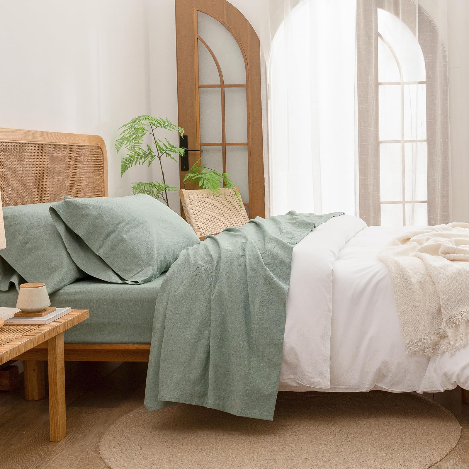 BESTOUCH Sheet Set 100% Washed Cotton Linen Feel Super Soft Comfortable Chic Lightweight 4 Pcs Home Bedding Set Solid Green Quee