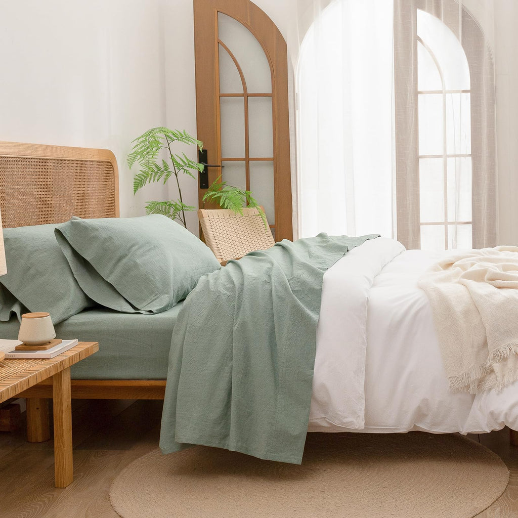 BESTOUCH Sheet Set 100% Washed Cotton Linen Feel Super Soft Comfortable Chic Lightweight 4 Pcs Home Bedding Set Solid Green Full