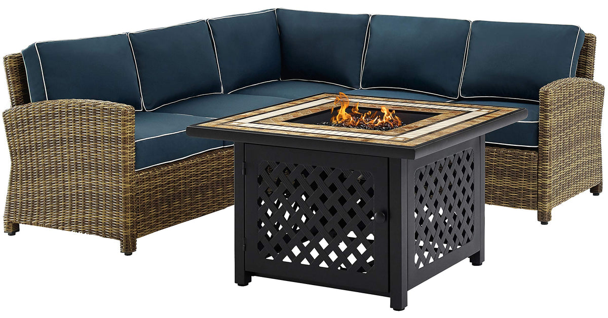 Crosley Furniture Bradenton 4-Piece Wicker Outdoor Sectional Sofa Patio Furniture Set with Fire Pit Table, Brown with Navy Cushions