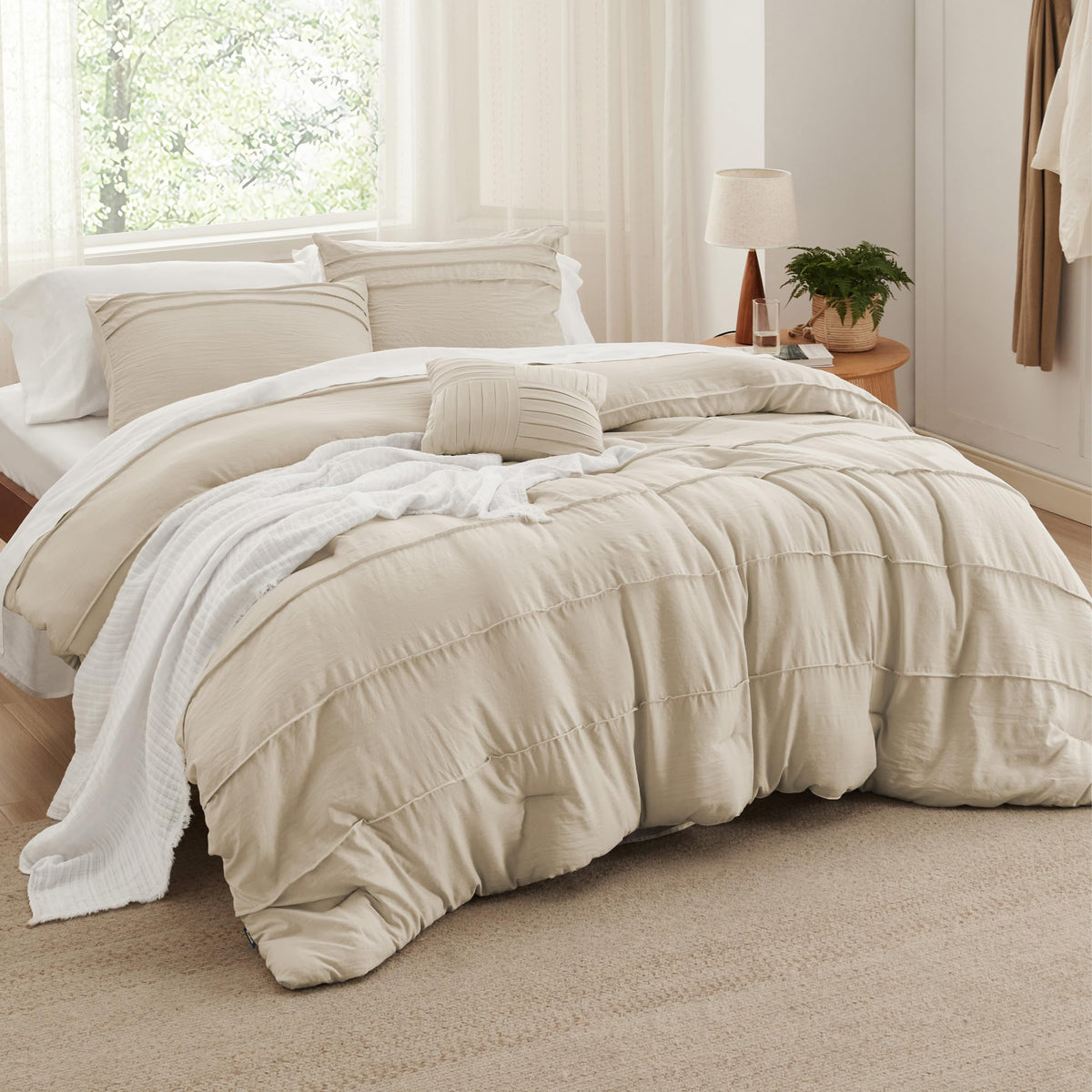 Bedsure Linen Full Size Comforter Set - 4 Pieces Pinch Pleat Bed Set, Down Alternative Warm Bedding Sets For All Season, 1 Comfo