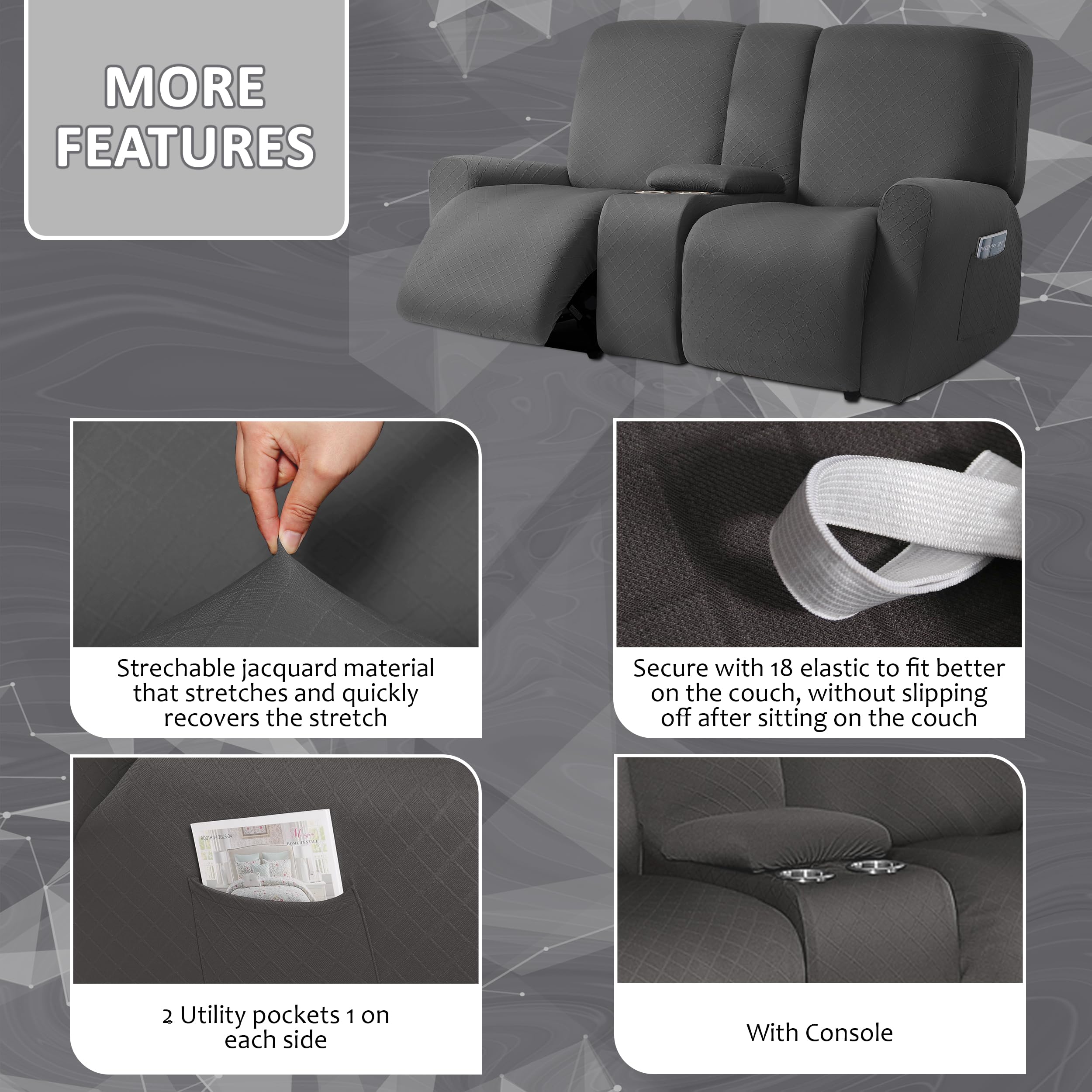 Ulticor Squared Jacquard Design Reclining Loveseat With Middle Console Slipcover, 8-Piece Stretch Sofa Covers, 2 Seat Loveseat R