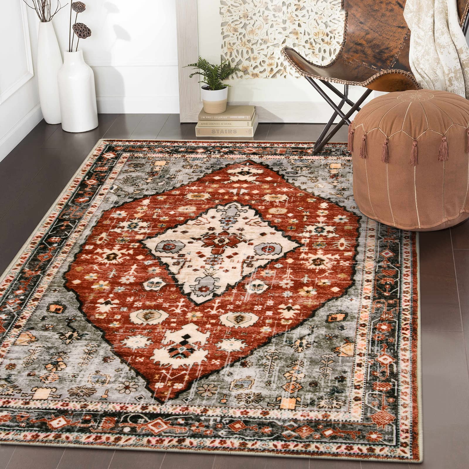 Lahome Boho Tribal Area Rug - 3x5 Red Rugs for Entryway, Bedroom Throw Rugs with Rubber Backing Washable, Vintage Non Slip Mat S