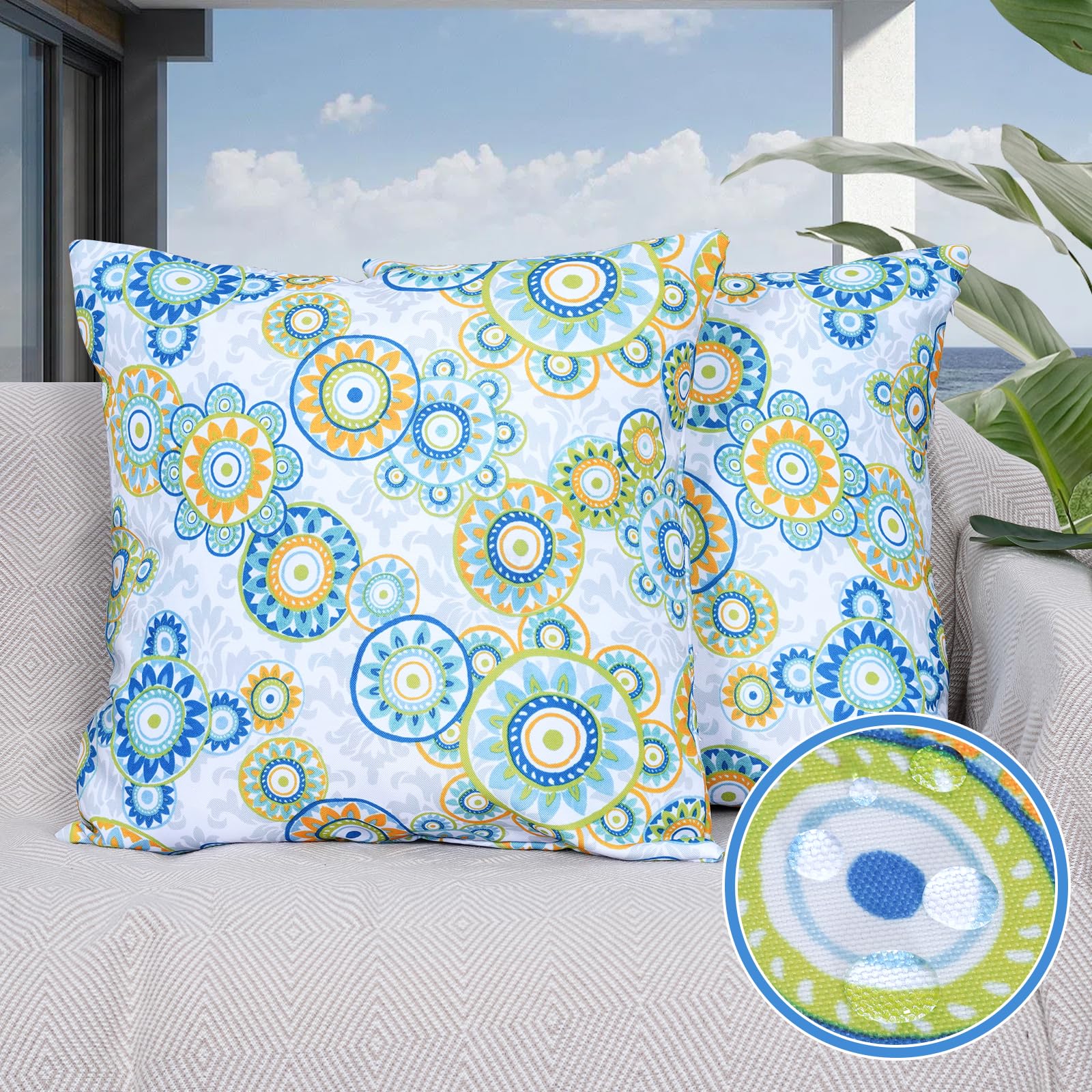 Eternal Beauty Set Of 2 Waterproof Outdoor Pillow Covers For Spring Summer Patio Throw Pillows, Boho Floral, 18X18 Inches