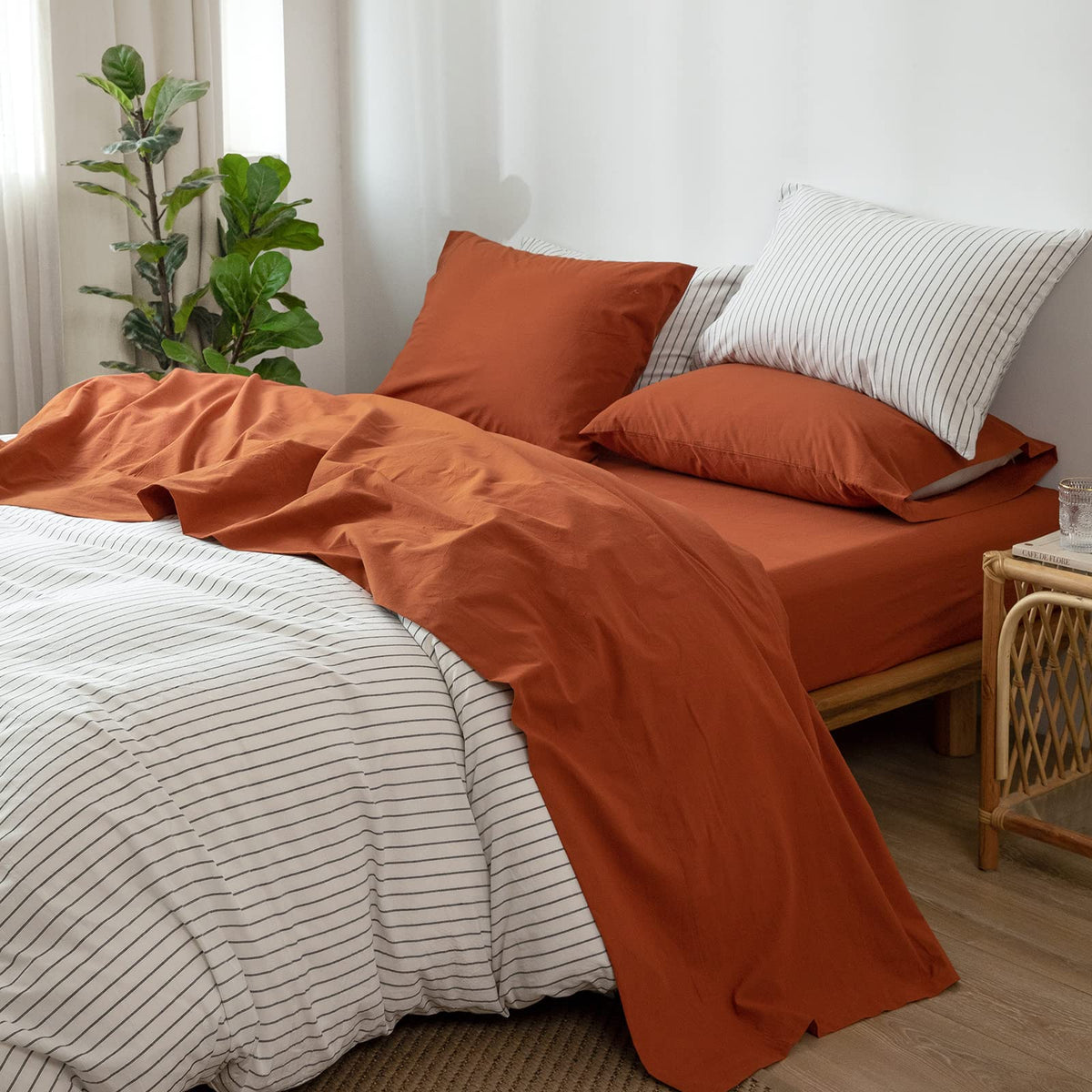 Moomee Bedding Sheet Set 100% Washed Cotton Linen Like Textured Breathable Durable Soft Comfy (Rust Brown, King)