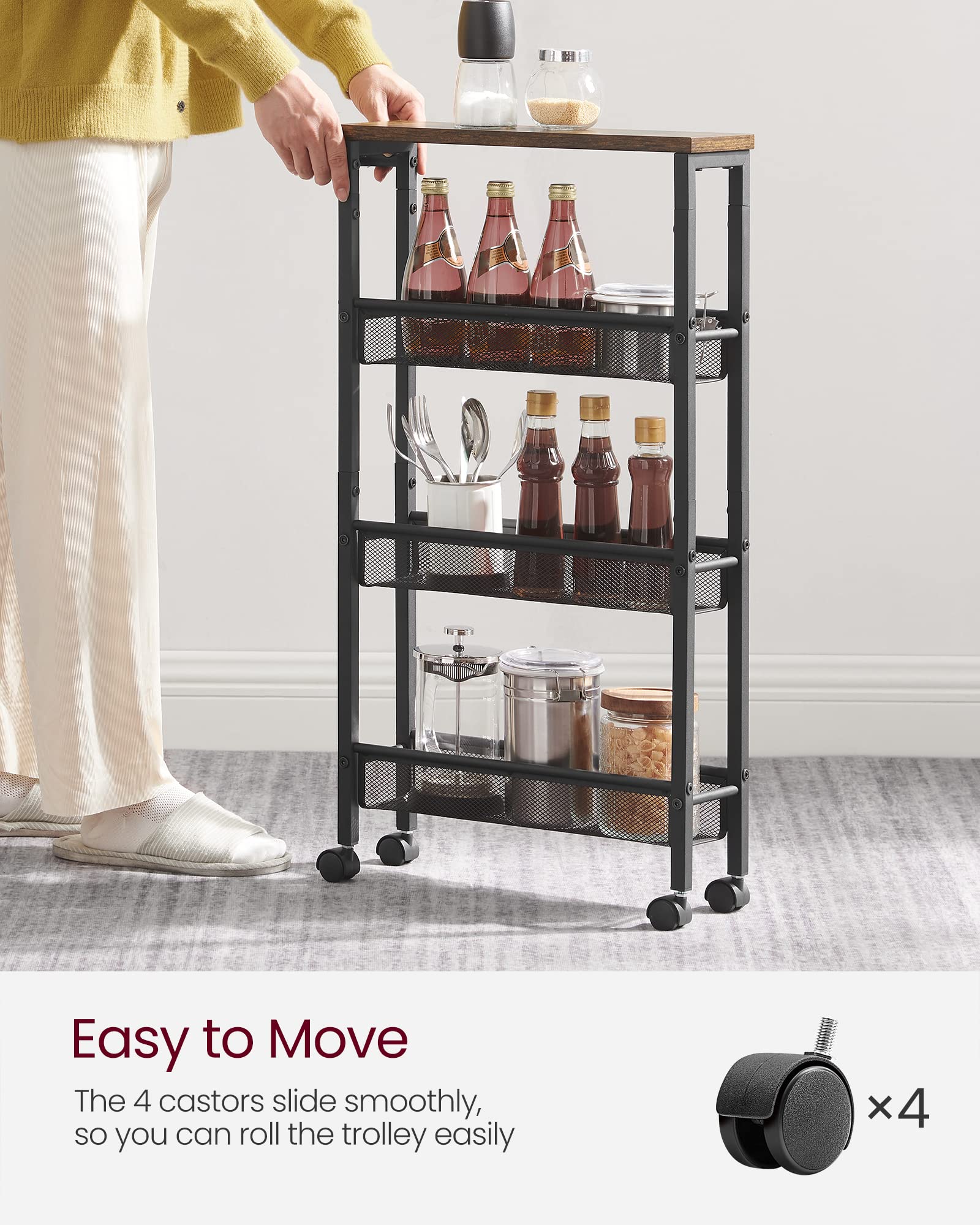 Vasagle Slim Rolling Cart, 4-Tier Storage Cart, Narrow Cart With Handle, 5.1 Inches Deep, Metal Frame, For Kitchen, Dining Room, Living Room, Home Office, Rustic Brown And Classic Black Ulrc032B01V1