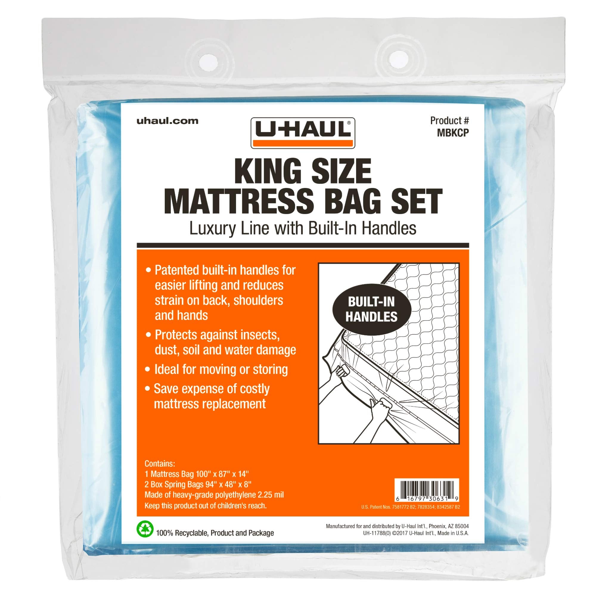 U-Haul Deluxe King Mattress And Box Spring Bag Set - Moving And Storage Protection Cover - 2.25 Mil - Includes 1 Mattress Bag, 2